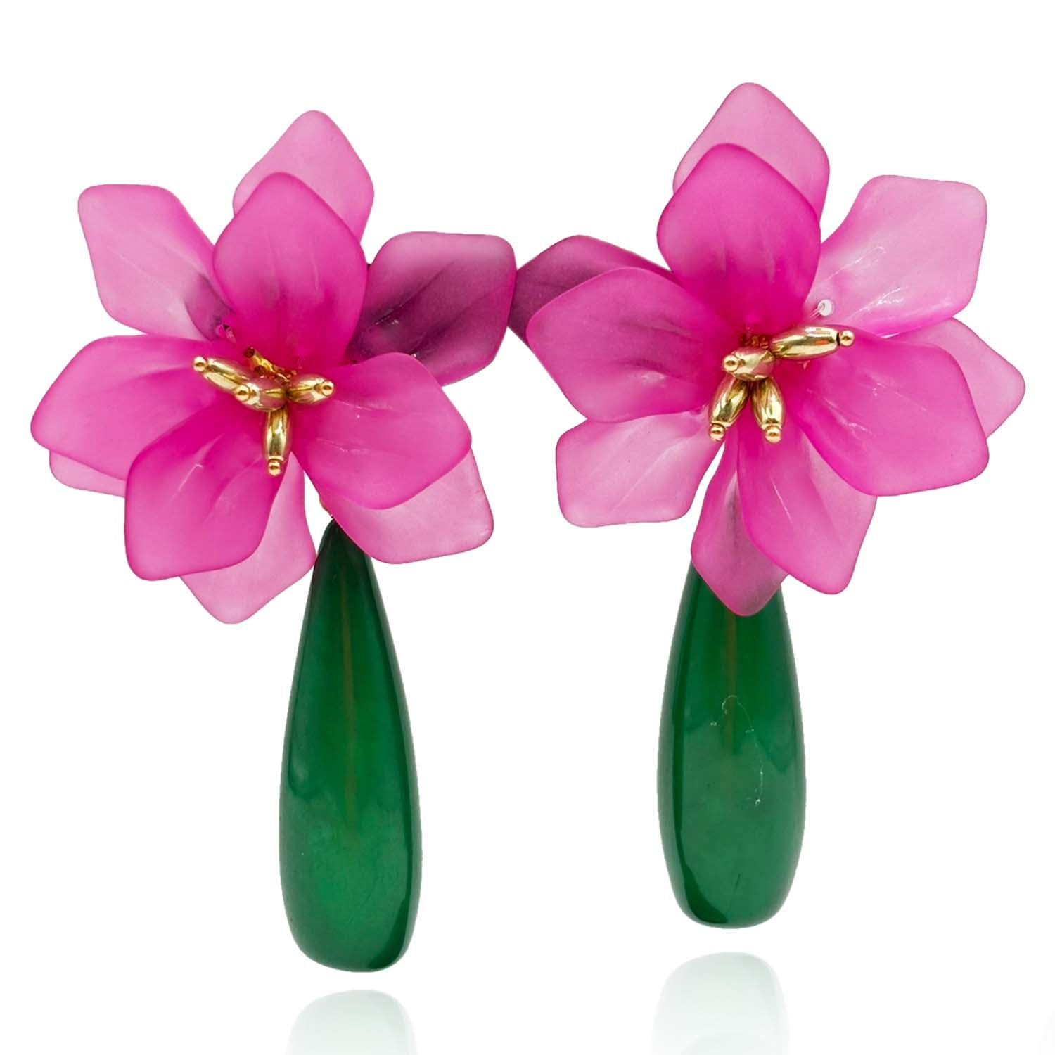 Michael Nash Jewelry Women's Green / Pink / Purple Fuschia Resin Floral Clip On Earring With Green Drop