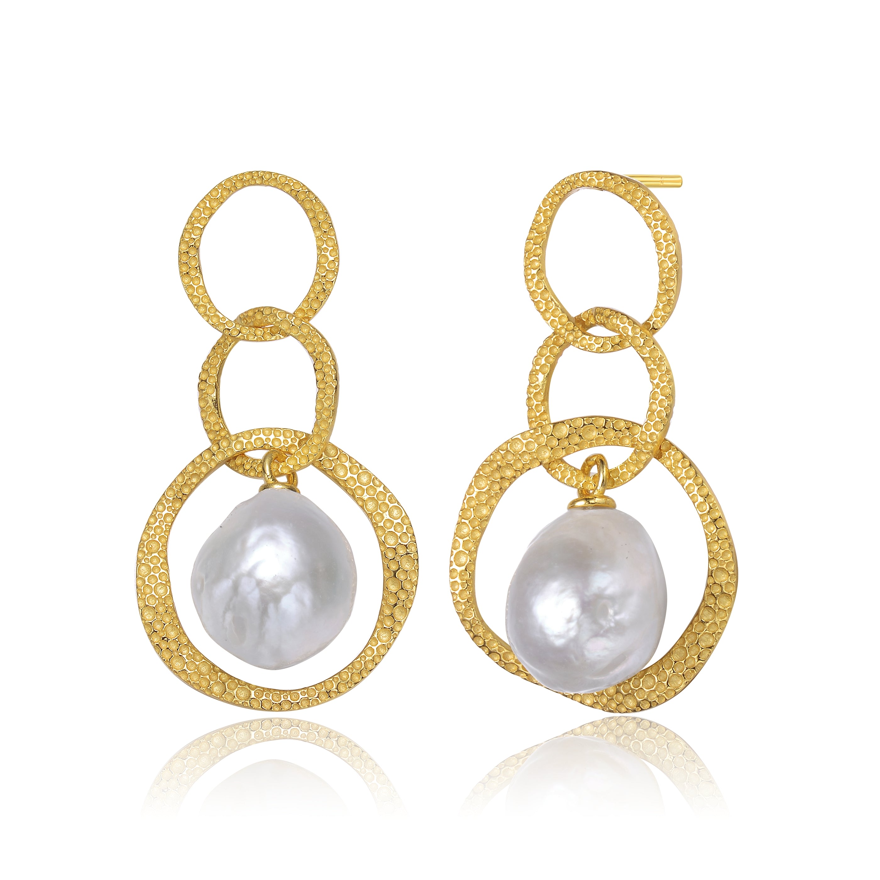 Women’s Gold / White Brigitte Boho Golden Triple Circle Pearl Earring Genevive Jewelry