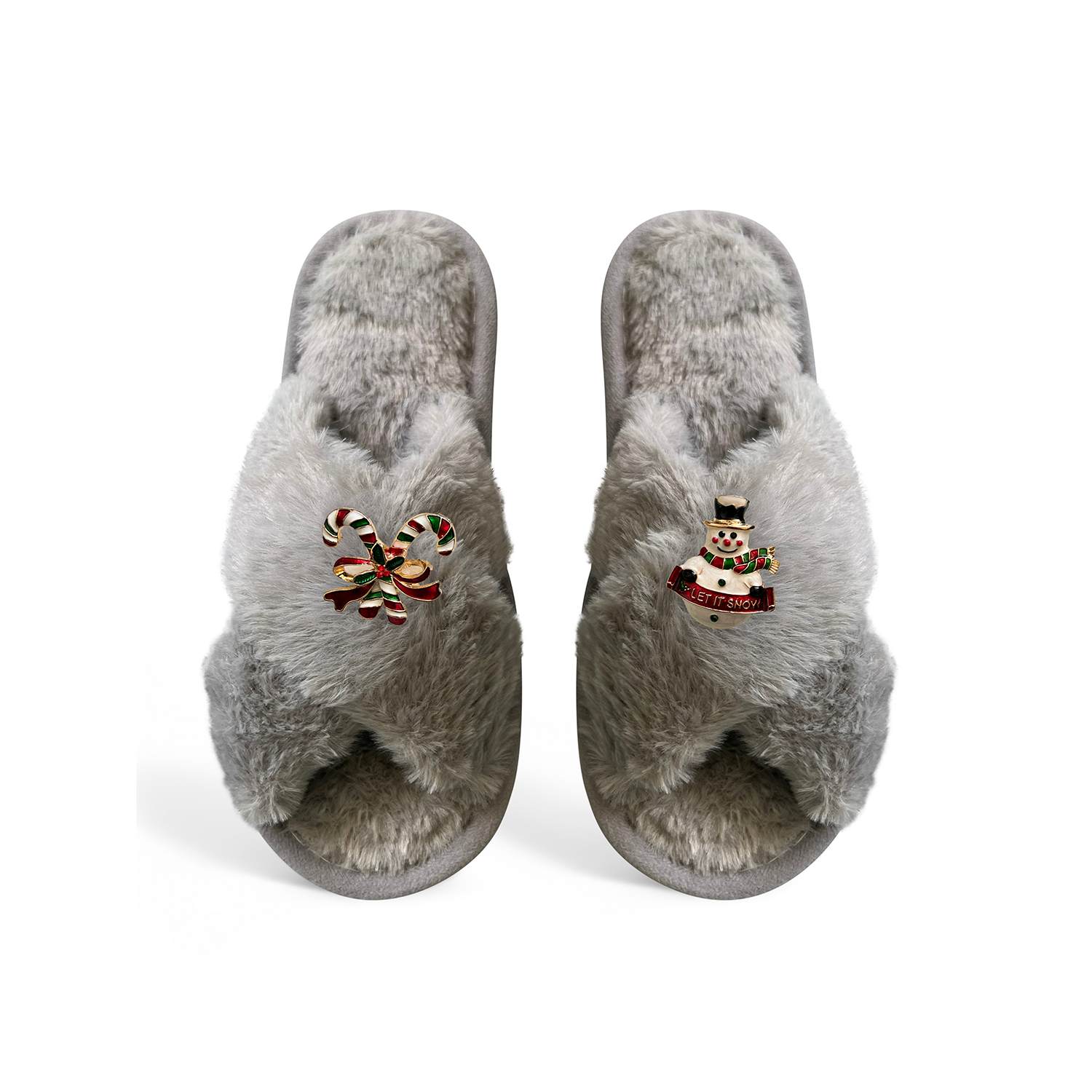 Toma Women's Classic  Faux Fur Open Toe Snowman Grey Slippers In Gold