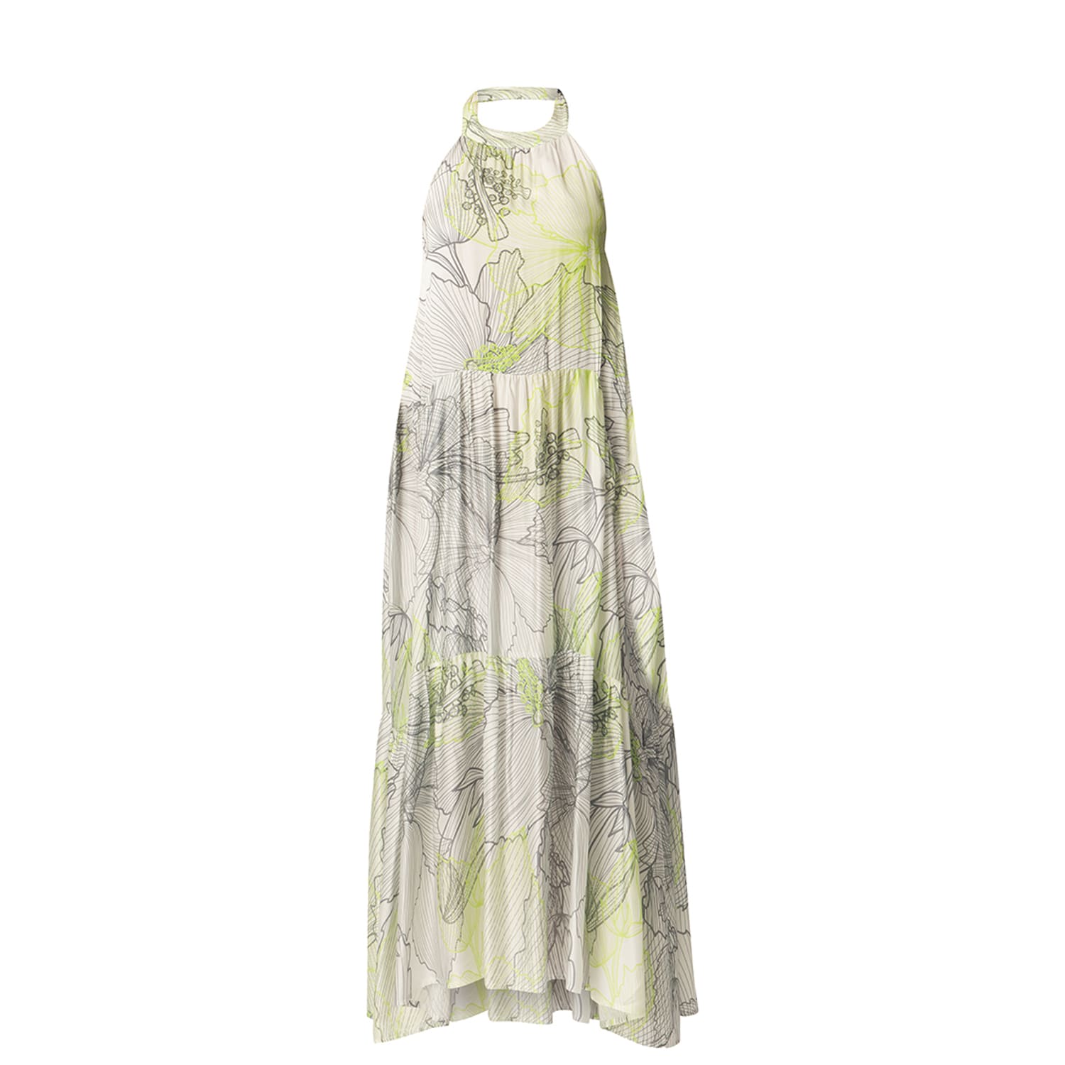 Haris Cotton Women's Printed Satin Halterneck Dress With Pockets Iron-lime Hibiscus In Green