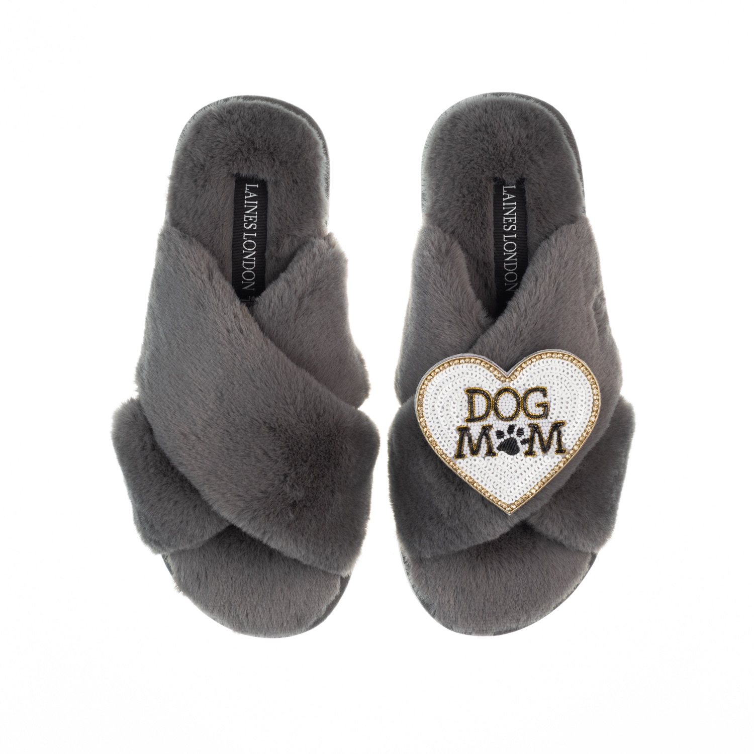 Women’s Classic Laines Slippers With Dog Mum / Mom Brooch - Grey Medium Laines London