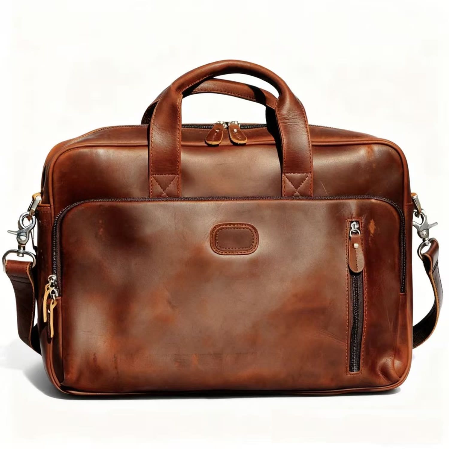 TOURI BROWN GENUINE LEATHER BRIEFCASE WITH FRONT LEATHER PATCH