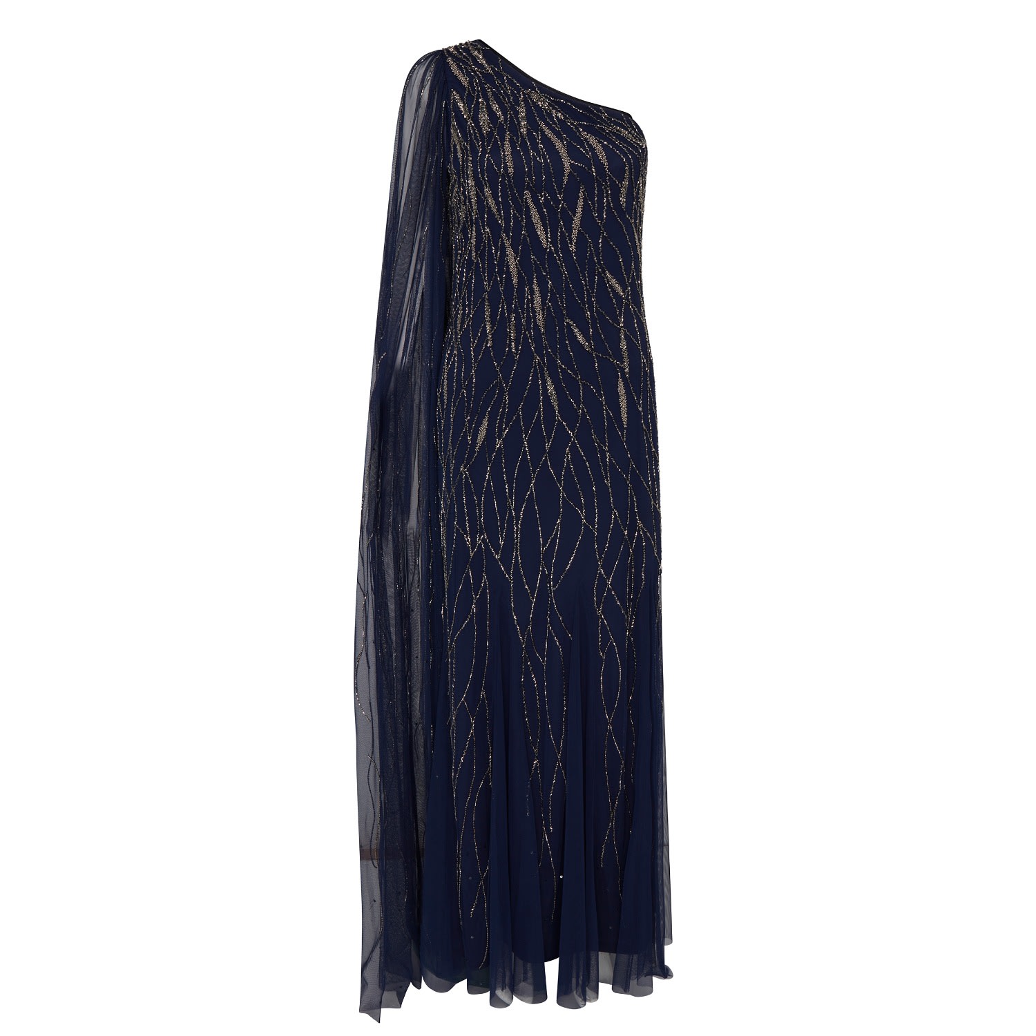 Women’s Blue Navy Mila Cut As One Shoulder With A Dramatic To-The-Floor Draped Train, Falling From The Shoulder Gown Medium Raishma