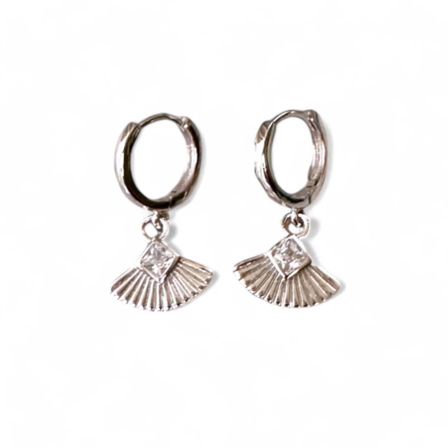 Clemence Wren Women's Art Deco Gemstone Fan Charm Huggie Earrings - Silver