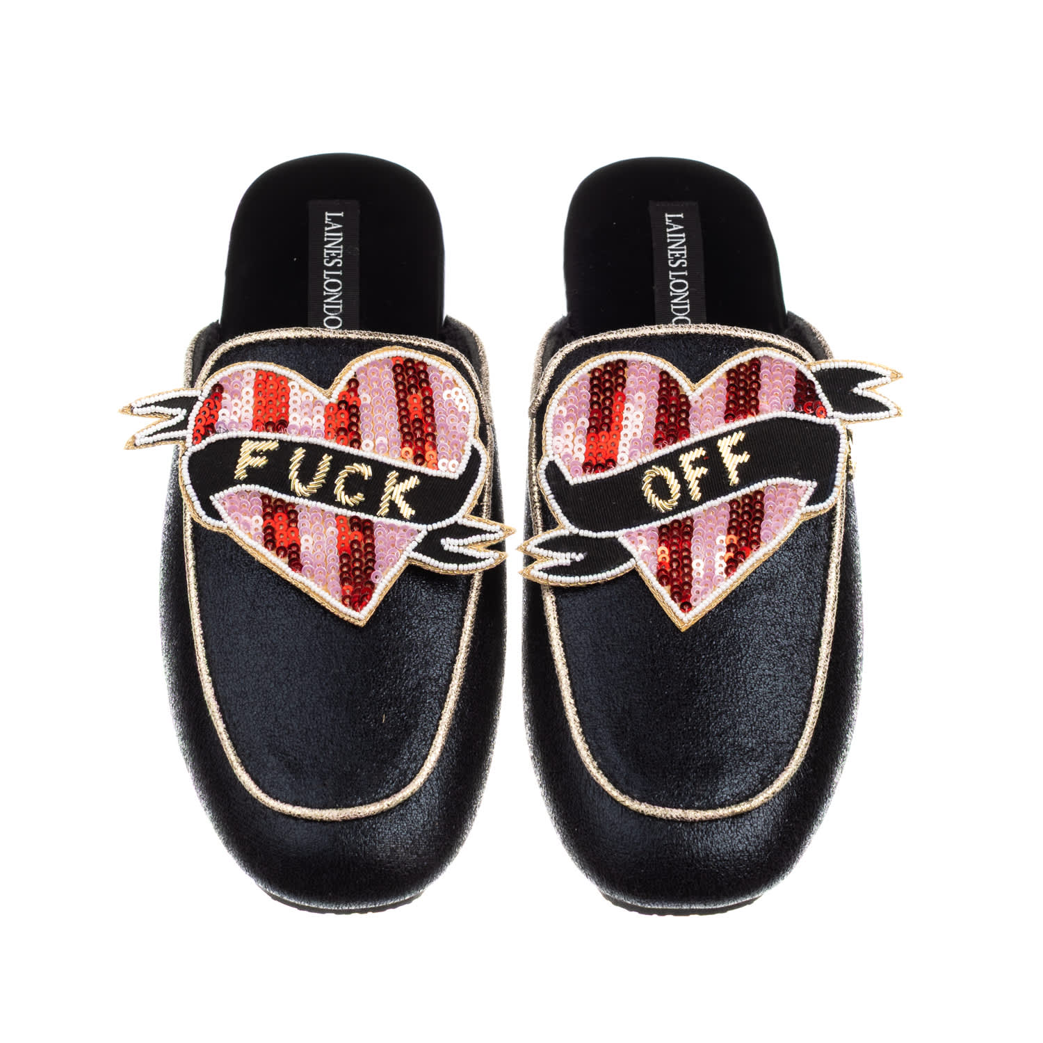 Laines London Women's Black / Gold Classic Mules With Pink & Red Stripe Fuck Off Heart Brooches - Black & Gold In Black/gold