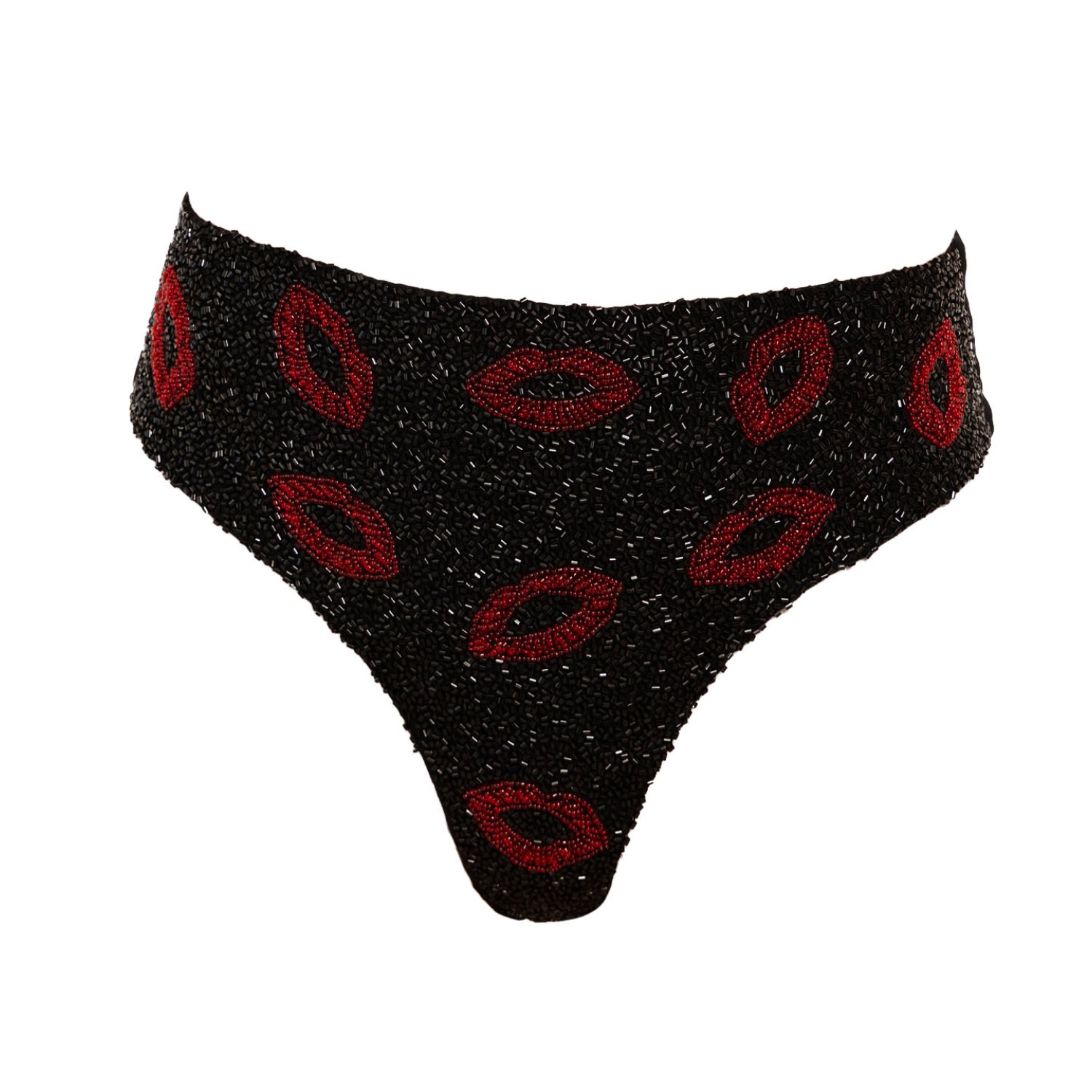 Self-adore Women's Black / Red Kiss Hand-beaded Embellished High-waisted Bikini Bottom- Black In Multi