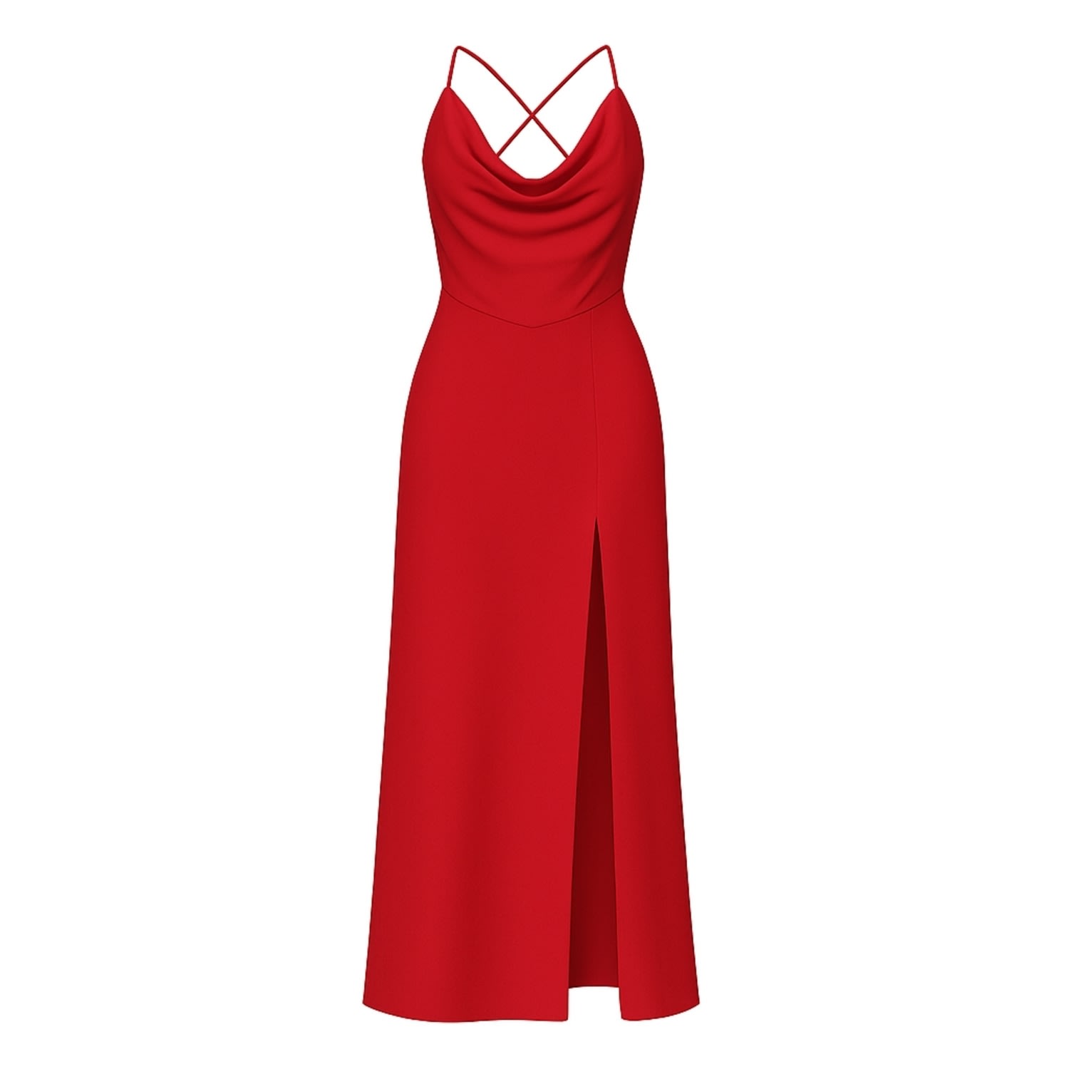 Nomi Fame Women's Aphrodite Red Draped Cowl Neck Evening Gown With Slit And Crossed Straps