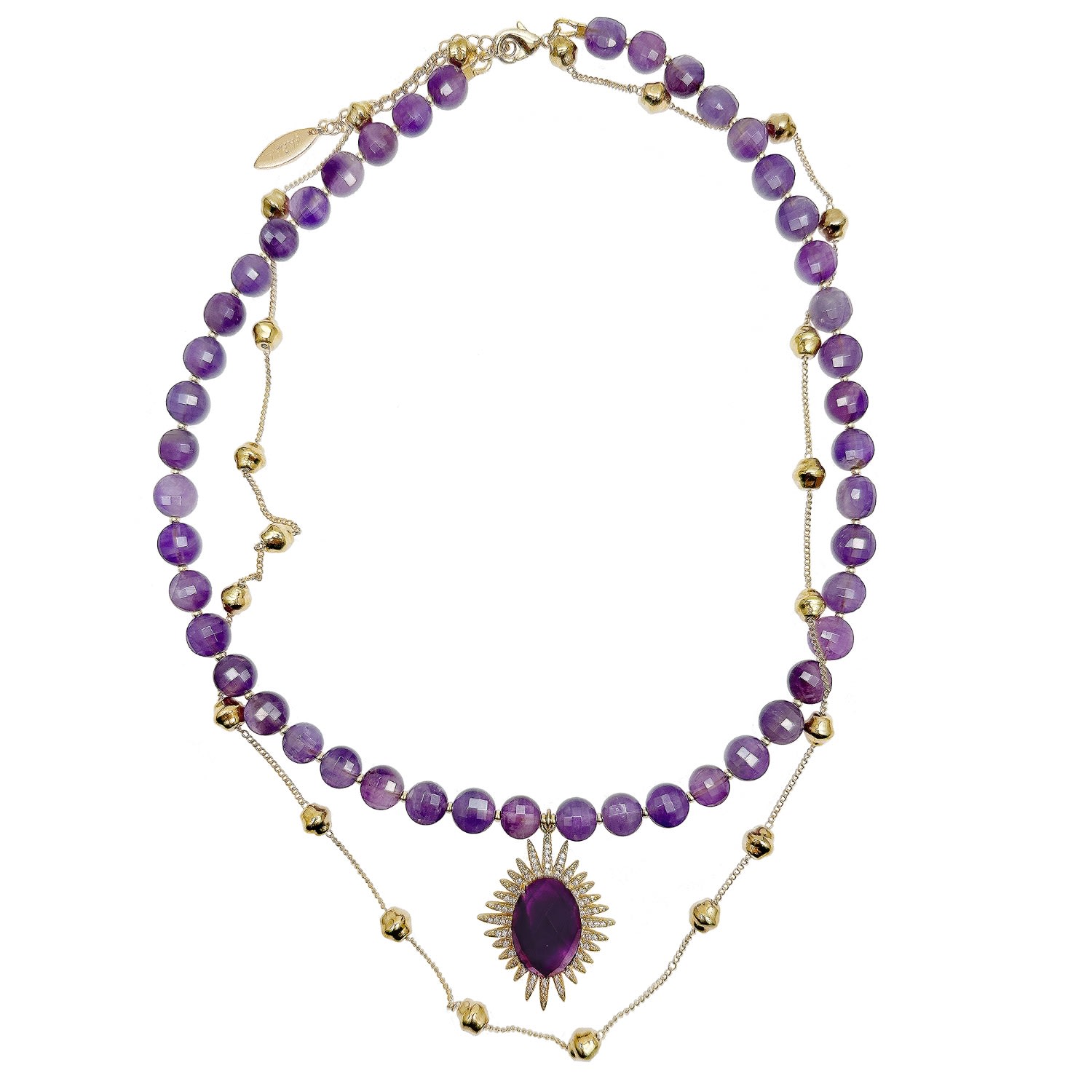 Women’s Pink / Purple Amethyst Stones With Pendant Double Layers Necklace Farra