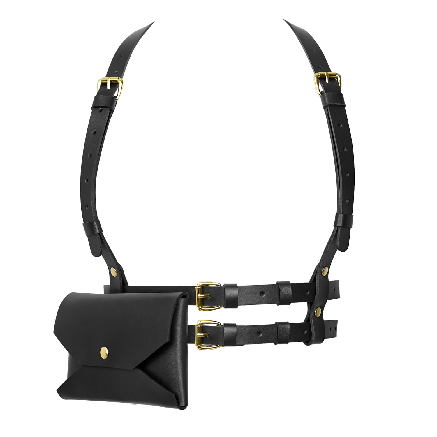 Badass & Goddess Leather Women's Black / Gold Set Of Real Leather Harness Athena With Phone Pouch - Black With Gold Buckles In Multi