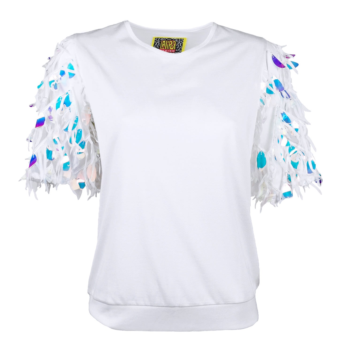 Lalipop Design Women's White Blouse With Large Sequin Sleeves In White