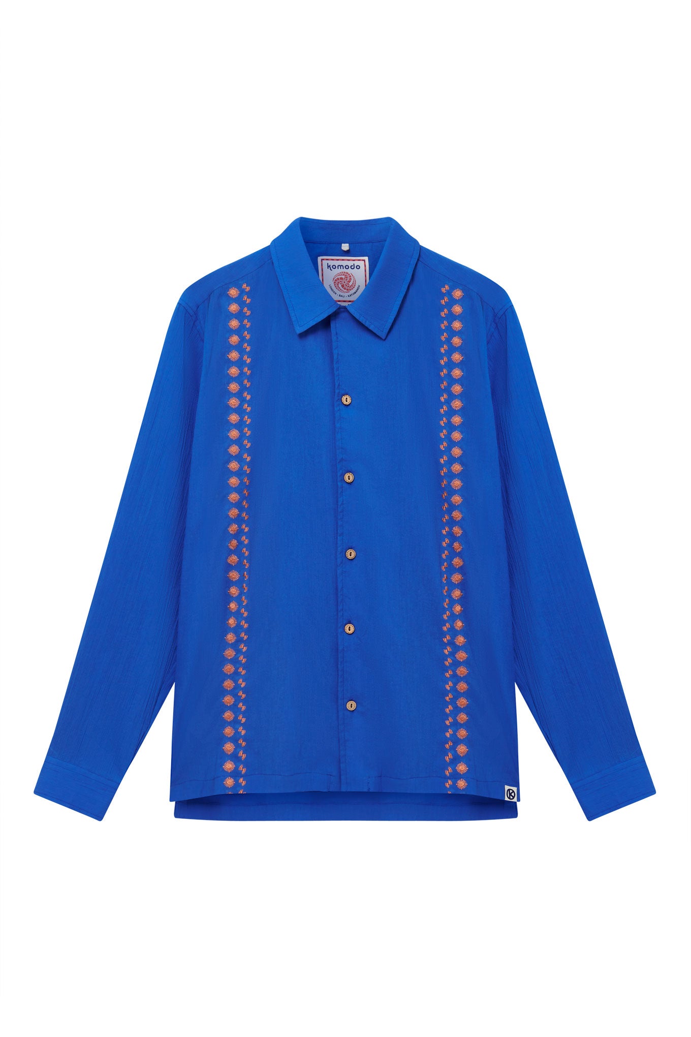 Shop Komodo Men's Nile - Organic Cotton Shirt Bali Fans Embroidery Sapphire Blue