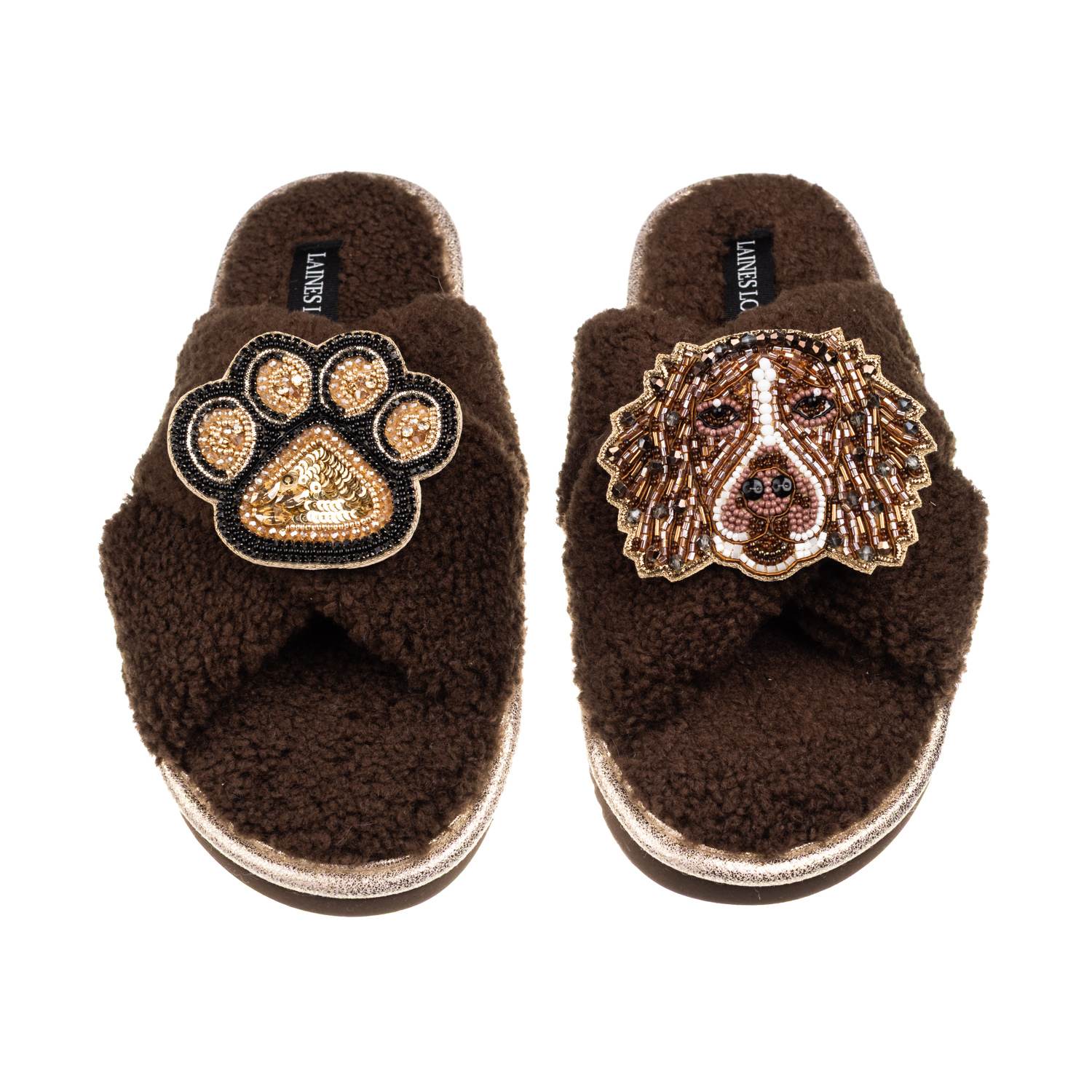 Laines London Women's Brown / Neutrals Laines Neutral Boucle Slippers With Duke The Spaniel & Paw Brooches - Choco