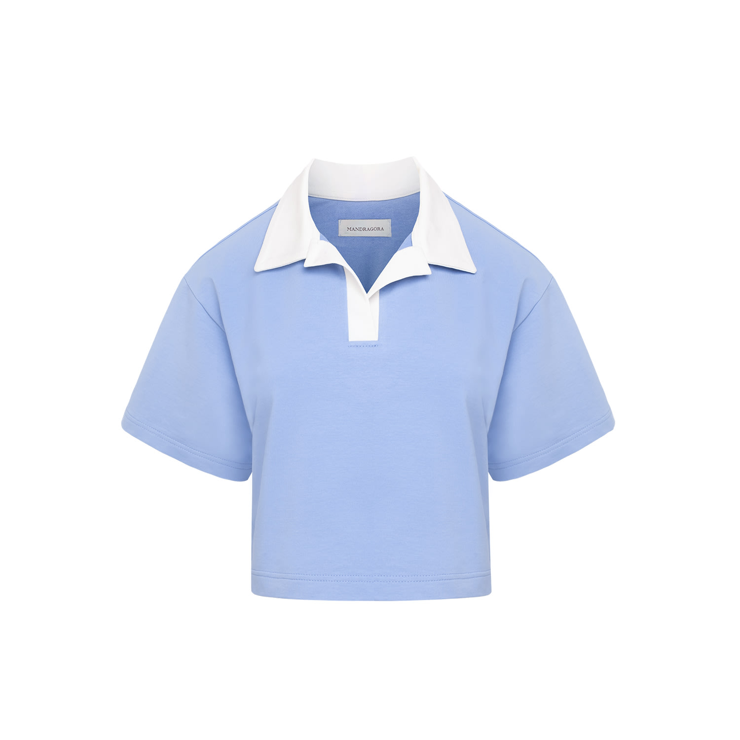 Mandragora Blue Cotton Cropped Top With Collar– Goia In Blue