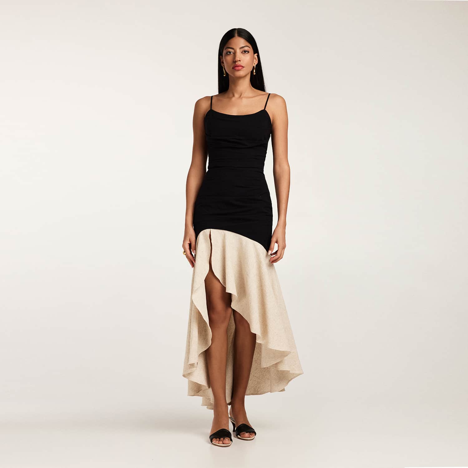 black and beige dress women Gala-worthy beige maxi dress covered in Black sequined ornament, Smoky Quartz S / 4 / Beige&Black