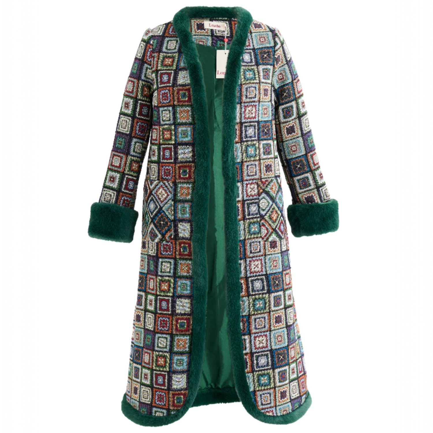 Louche Women's Green Delphia Seventies Patch Jacquard Fur Trim Coat – Multicoloured In Green