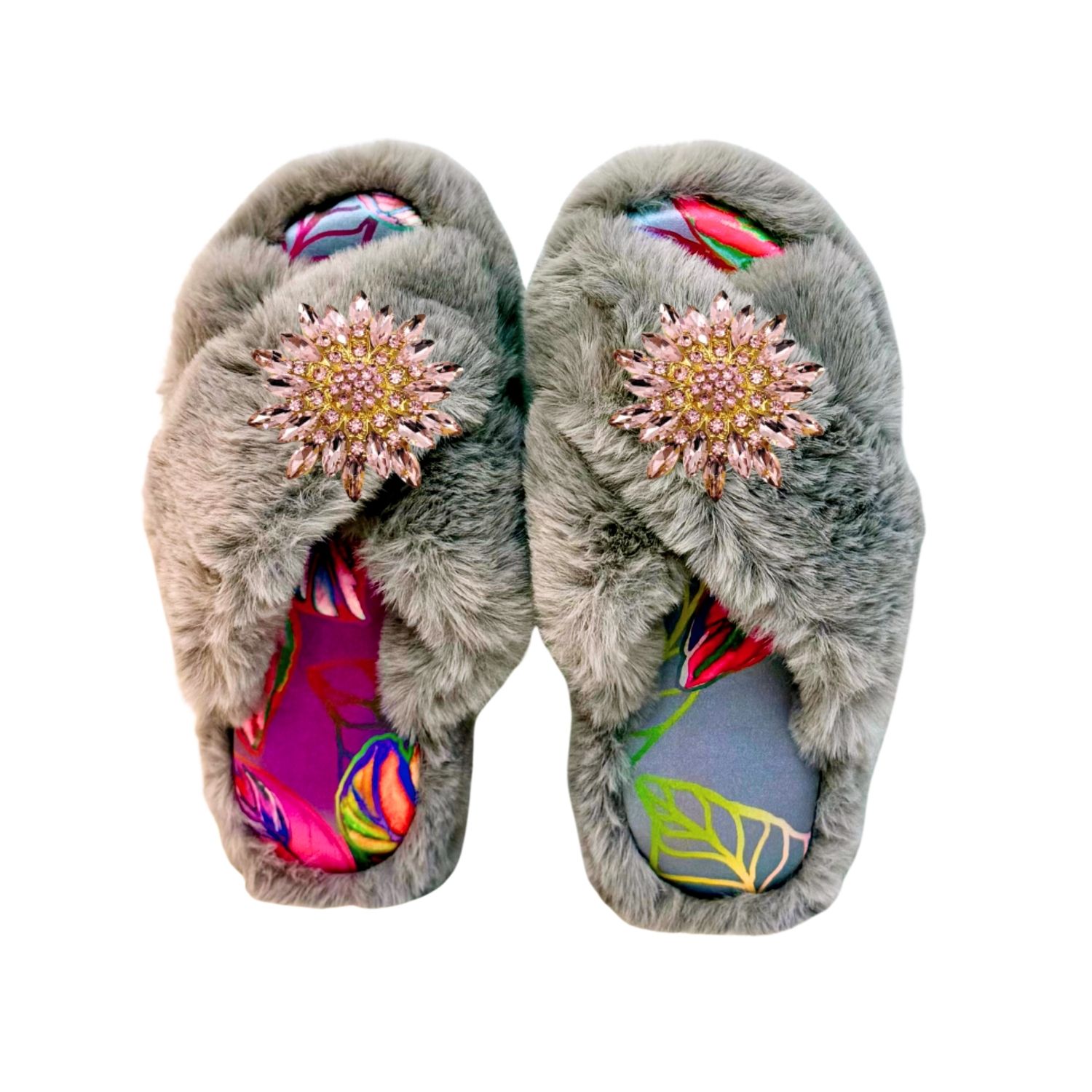 Yomisma Women's Grey Eco Faux Fur Slippers – Tropical Insole + Pink Brooch In Multi