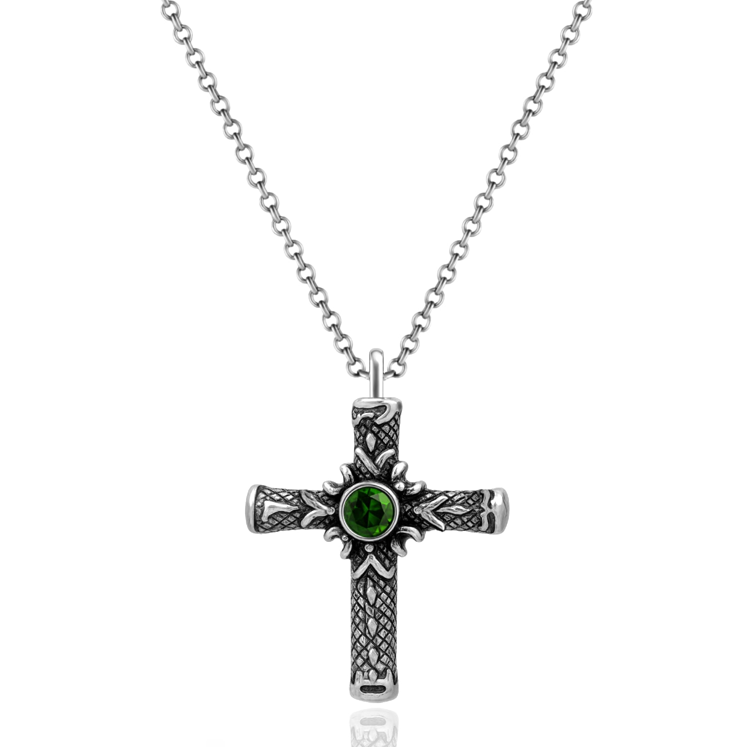 Unaloe Green / Silver Sterling Silver Cross Necklace With Central Stone Emerald – Jewelry For Men And Women In Multi