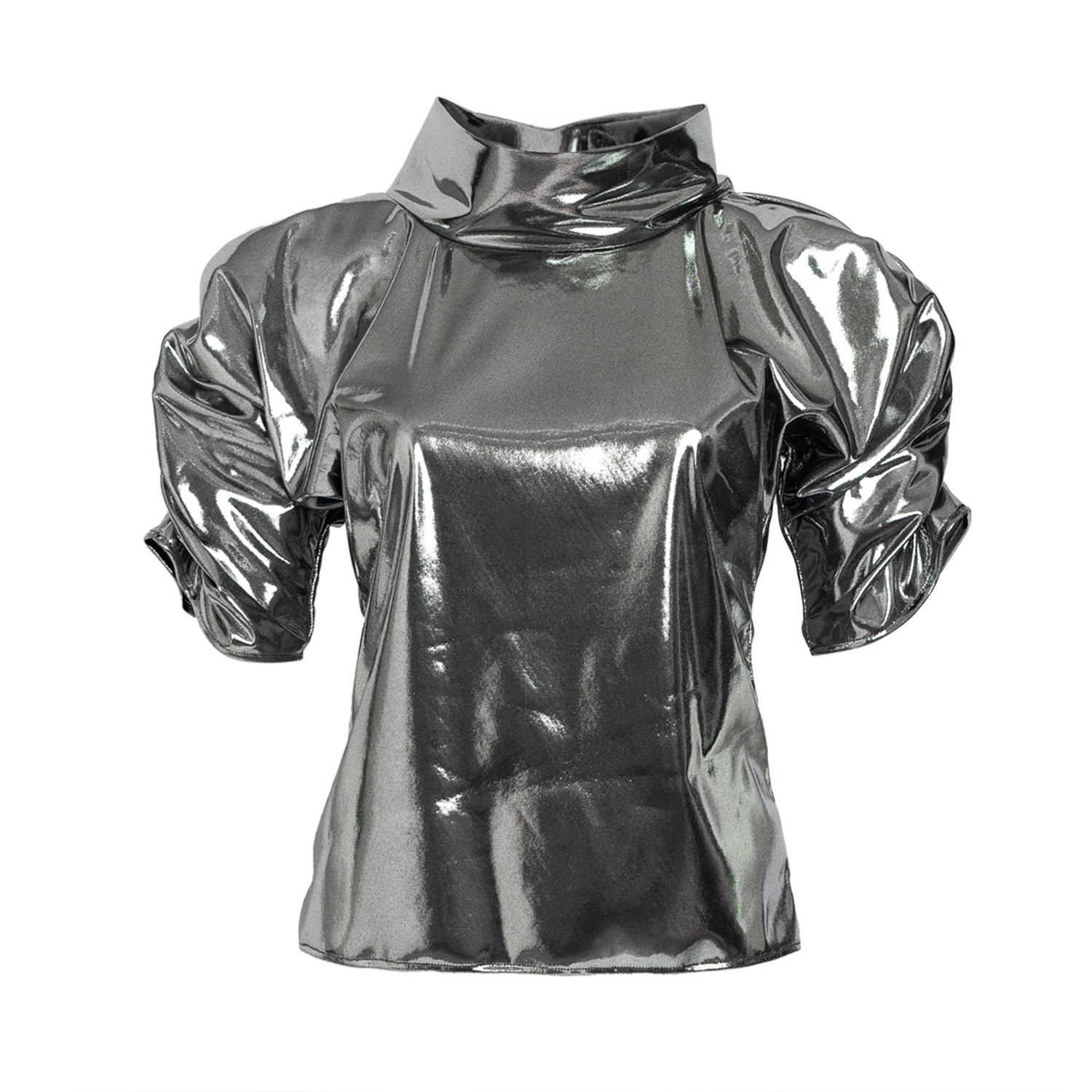 Bianca Popp Women's Puff Blouse With Collar In Shiny Silver In Silver