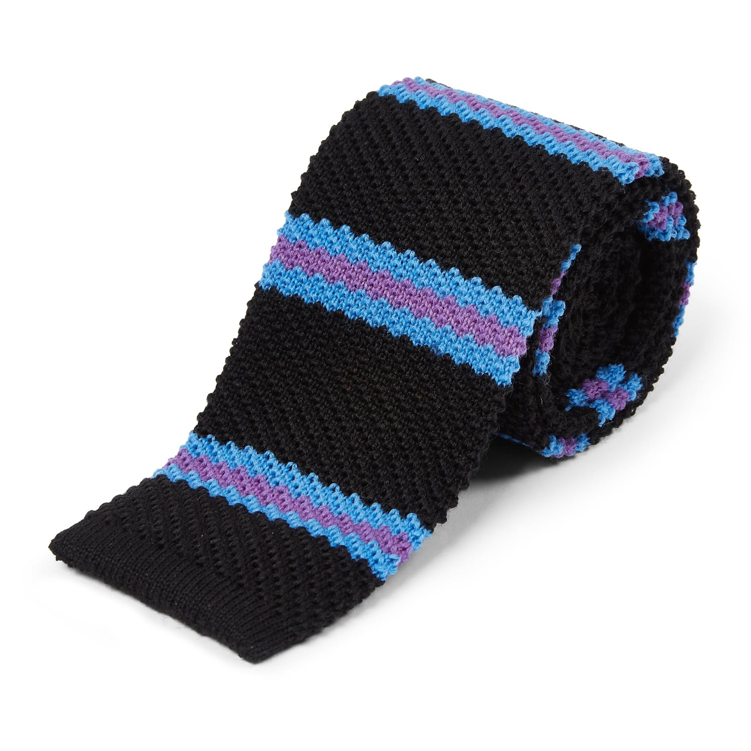 Men’s Wool Knitted Tie - Stripe Black, Blue & Purple Burrows & Hare