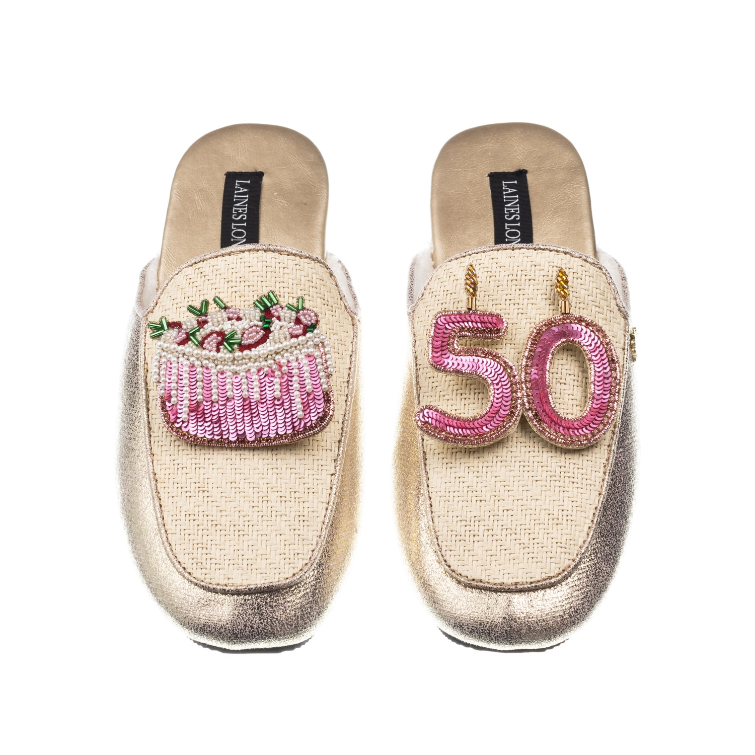 Laines London Women's Gold / Neutrals Classic Mules With 50th Birthday & Cake Brooches - Cream & Gold In Gold