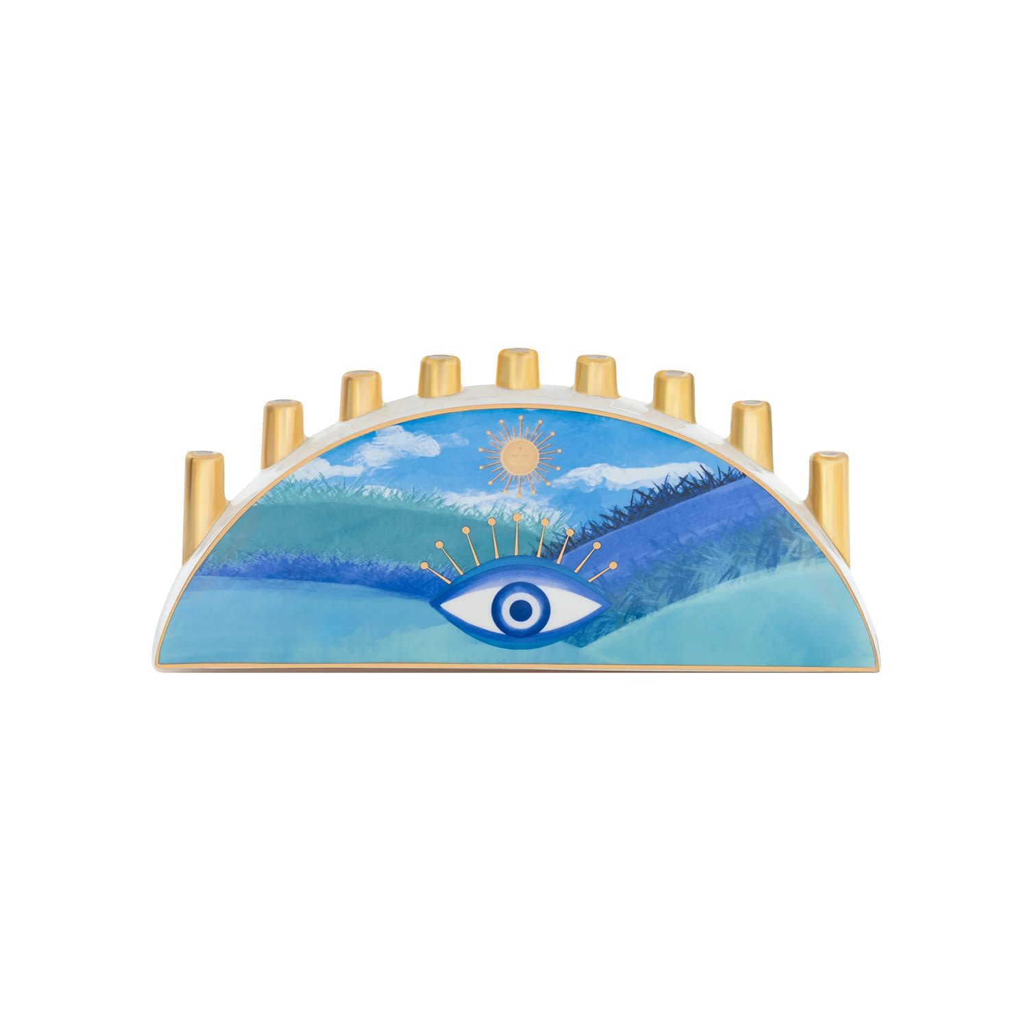 Karma And Luck Blue / Gold Awakened Hope Ceramic Evil Eye Menorah In Blue