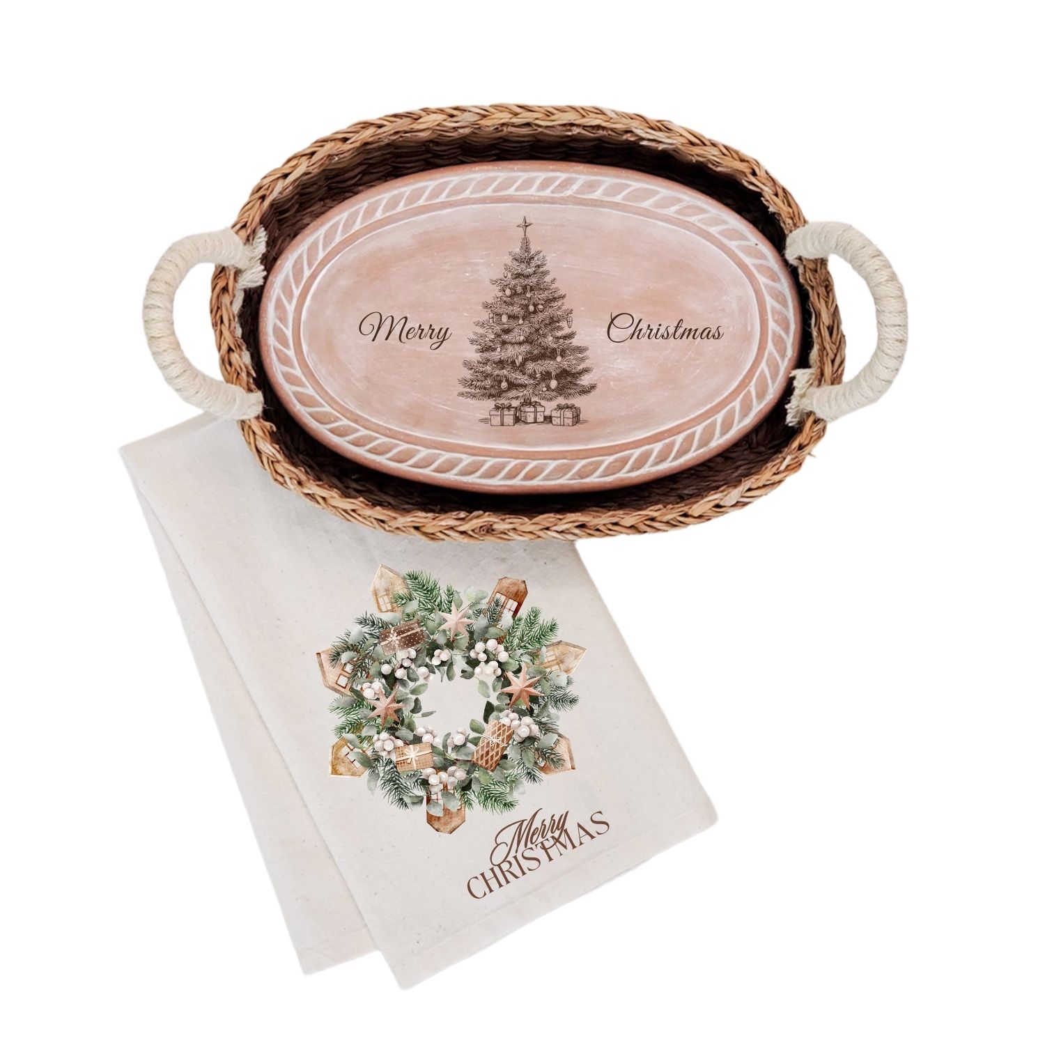 Korissa Neutrals Bread Warmer & Basket Gift Set With Tea Towel - Christmas Tree Oval In Multi