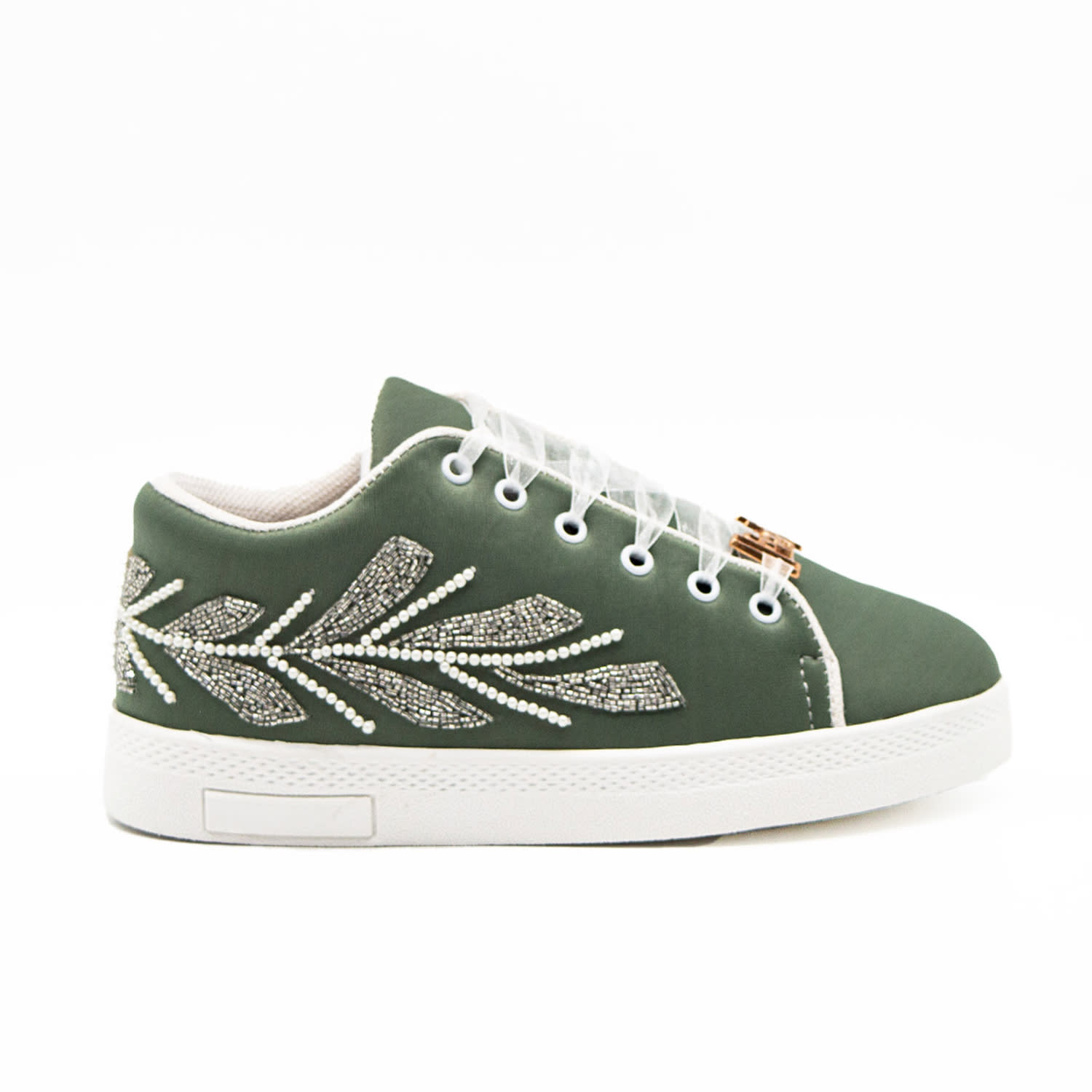 Rettrose Women's Green Isabel Luxury Sage Lycra Handmade Embellished Trainers In Green