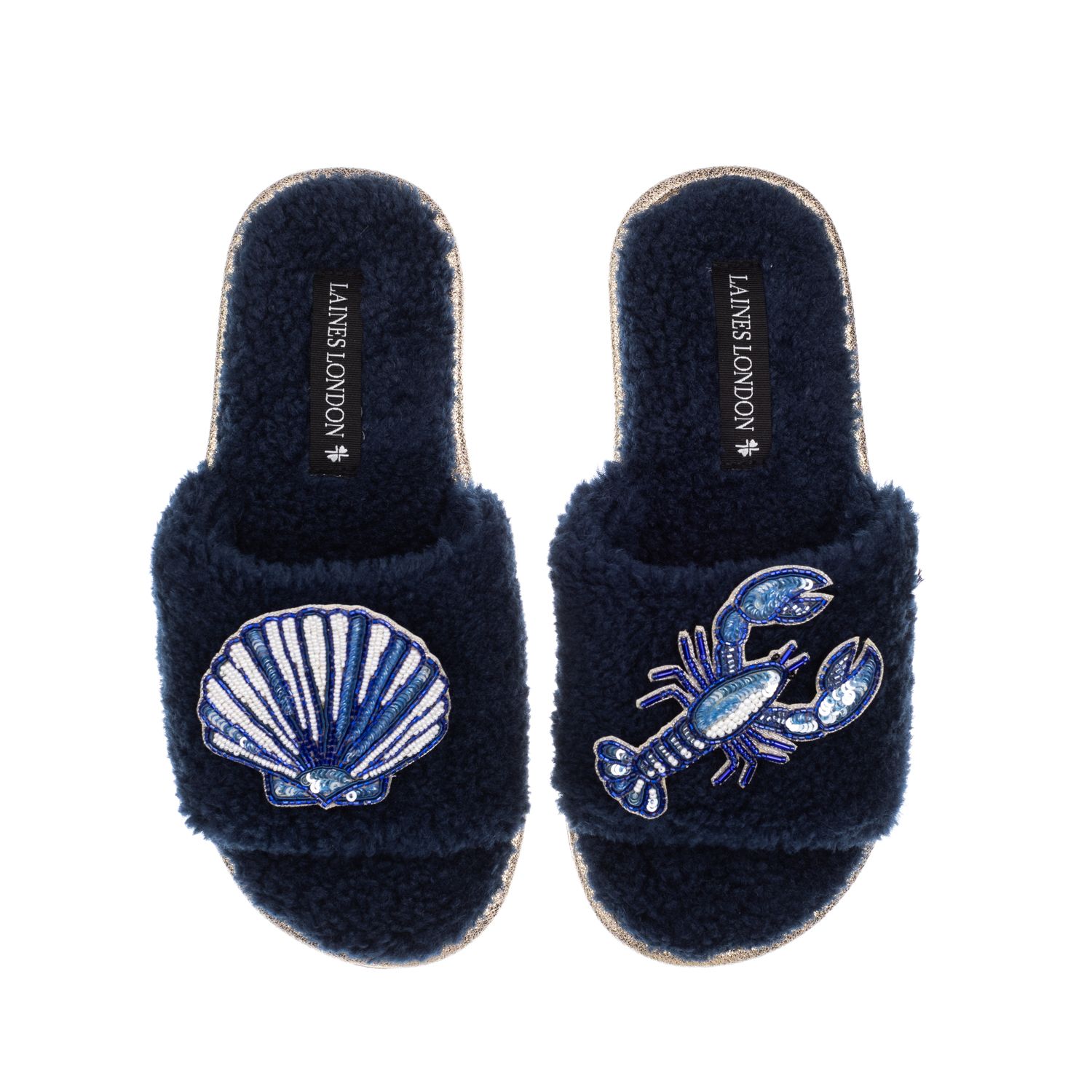 Laines London Women's Blue Teddy Toweling Slipper Slider With Mediterranean Shell & Lobster Brooches - Navy In Blue