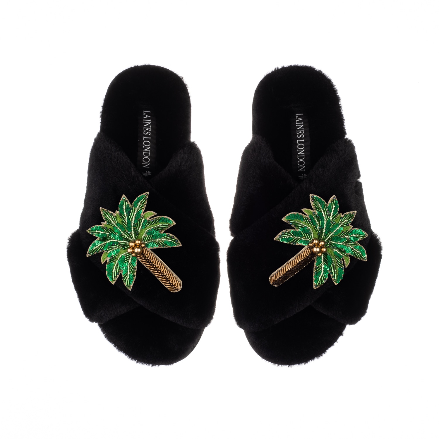 Laines London Women's Classic Laines Slippers With Double Palm Tree Brooches - Black In Black