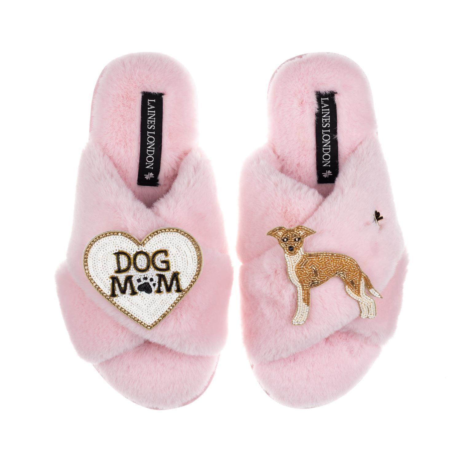 Laines London Women's Classic Slippers With Dog Mum/mom & Fawn & White Italian Greyhound Brooches - Pink In Multi