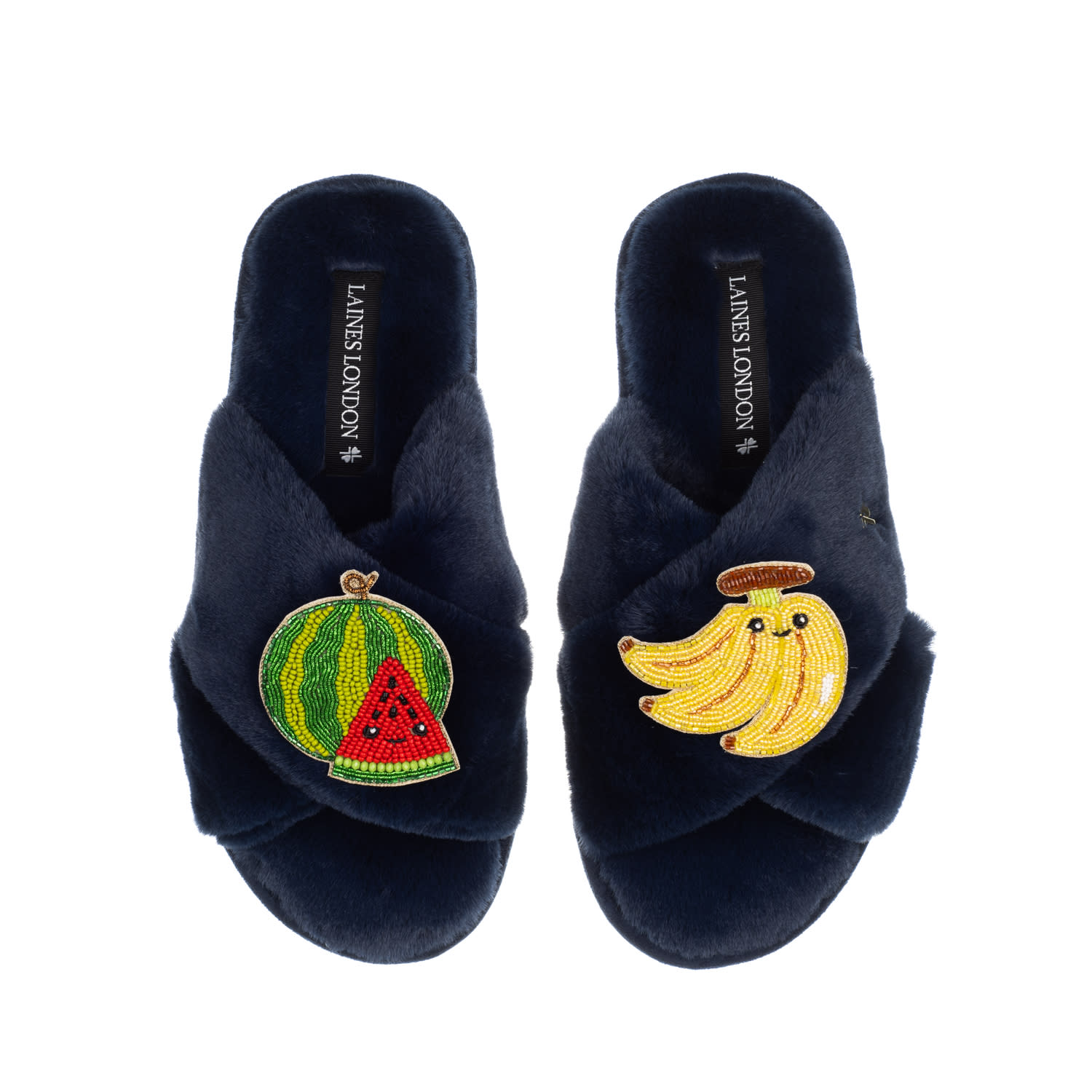 Laines London Women's Blue Classic Slippers With Laines Loveables Watermelon & Banana Brooches - Navy In Blue