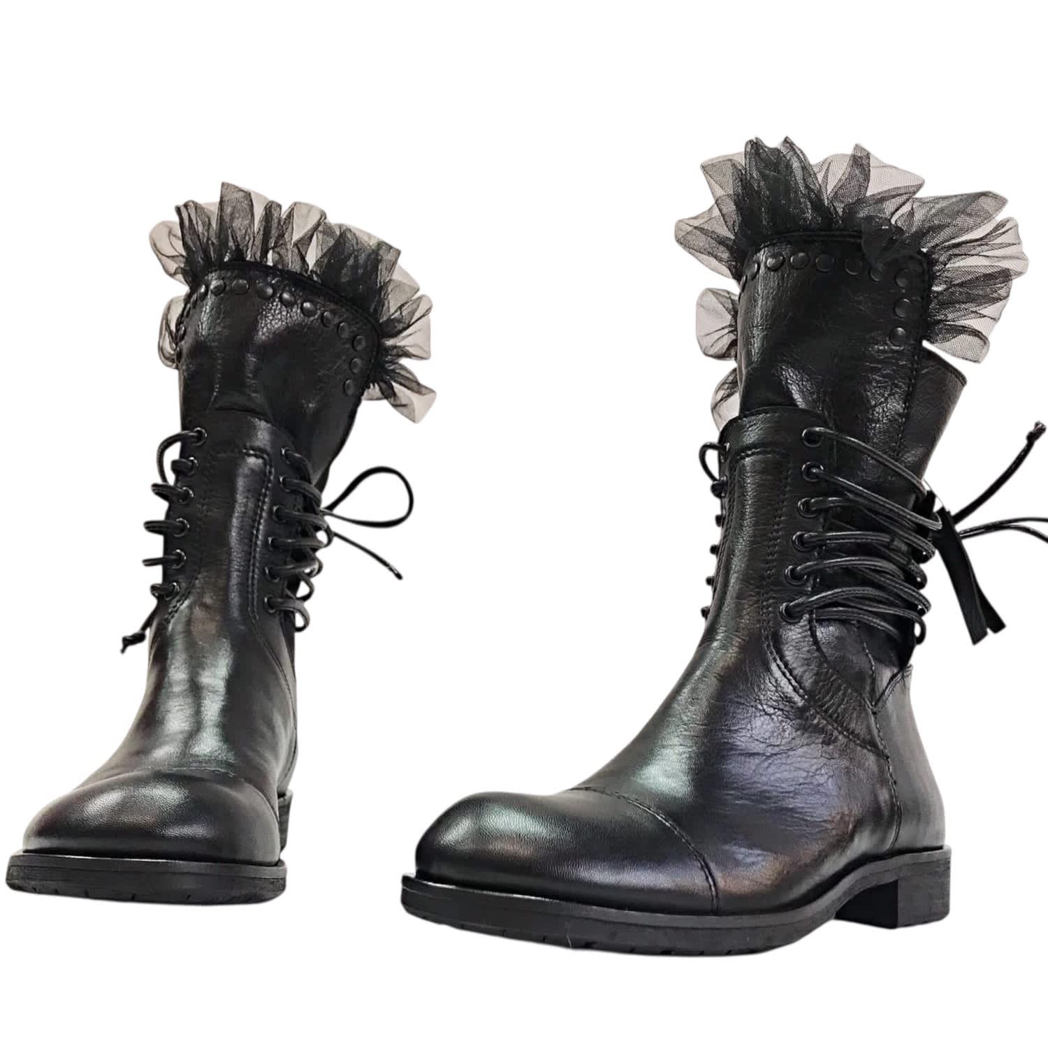 Adrenaline Fashion Women's Black Leather Lace-up Boots With Tulle Detail Handmade Designer Ankle Boots In Black