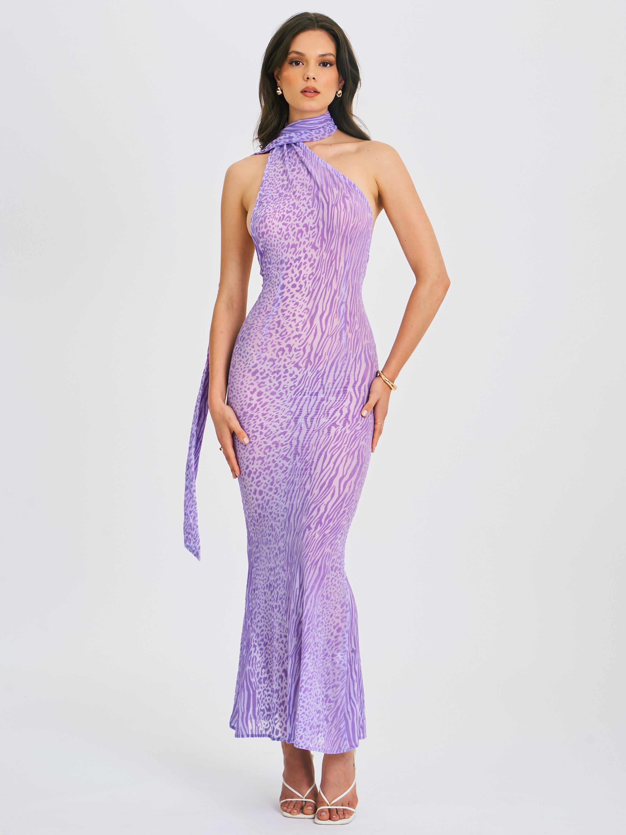 Olena Purple Burnout Velvet Animal Print Mesh Halter Neck Maxi