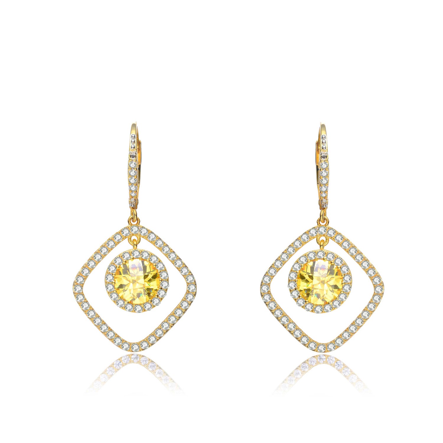 Genevive Jewelry Women's Sterling Silver Gold Plated With Clear Cubic Zirconia Square Drop Earrings In Gold