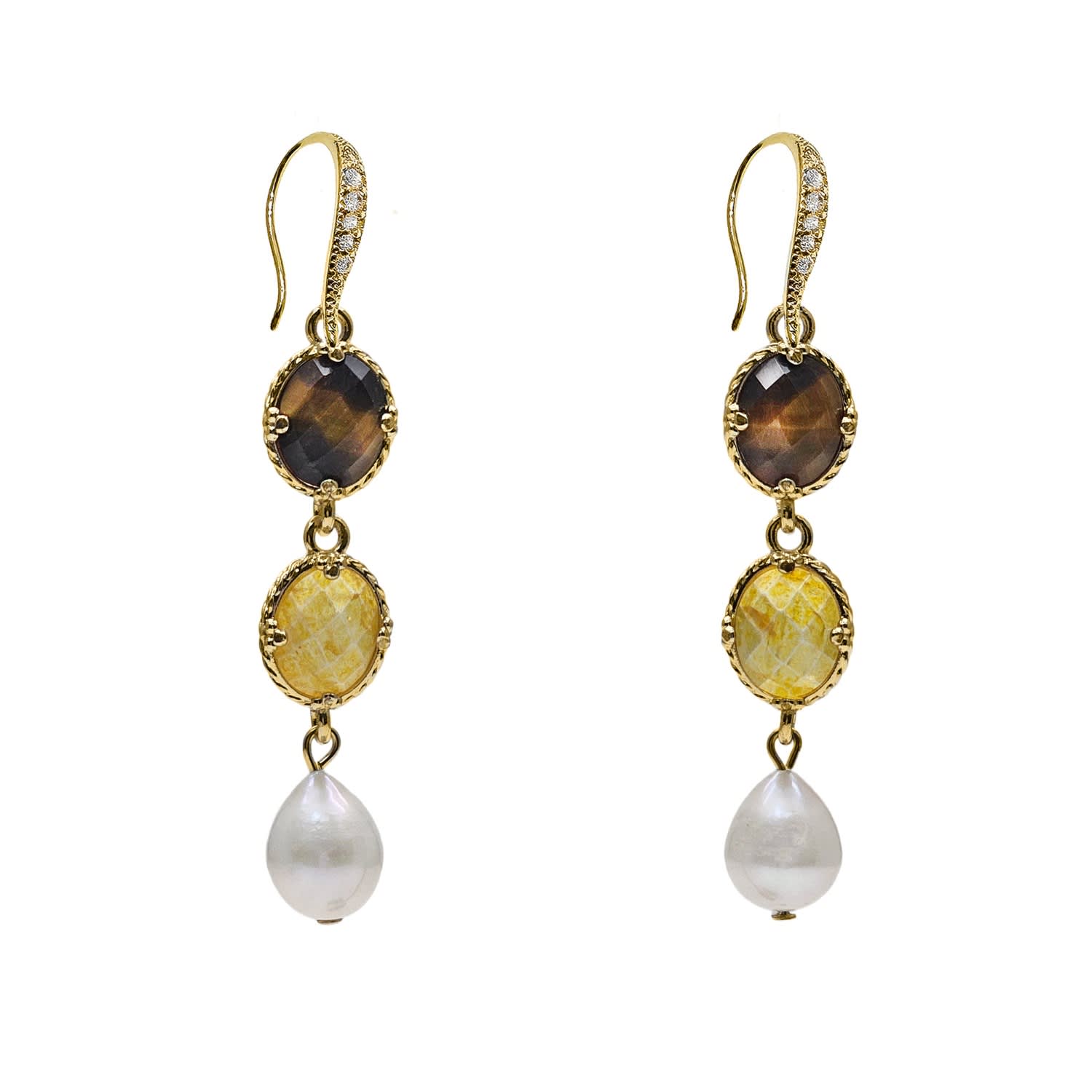Farra Women's Yellow / Orange Tiger Eye And Yellow Quartz Dangle Earrings