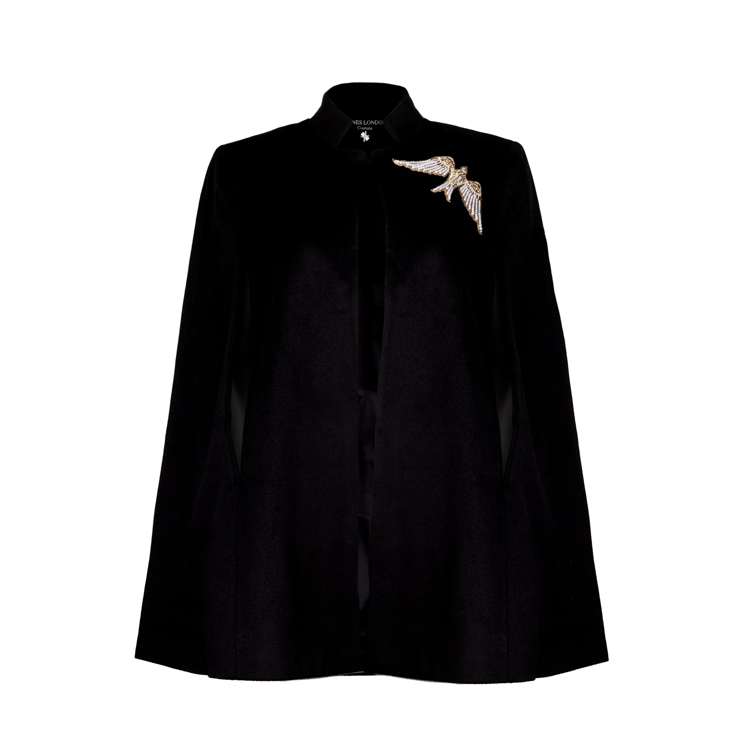 Women’s Laines Couture Wool Blend Cape With Embellished Pearl & Gold Bird - Black L/Xl Laines London