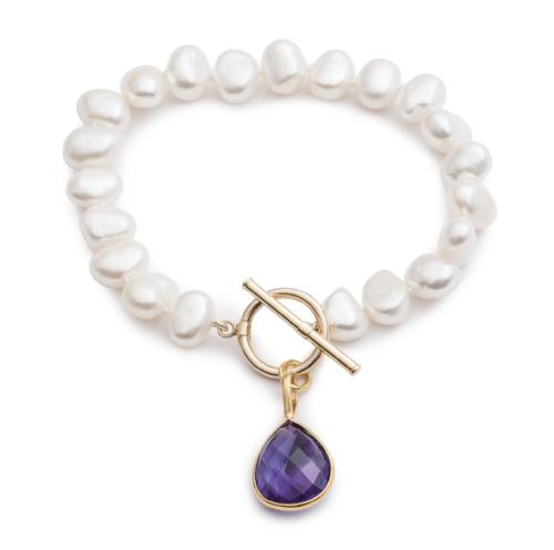 Pearls Of The Orient Online Women's White / Yellow Clara White Irregular Cultured Freshwater Pearl Bracelet With An Amethyst Dro In Multi