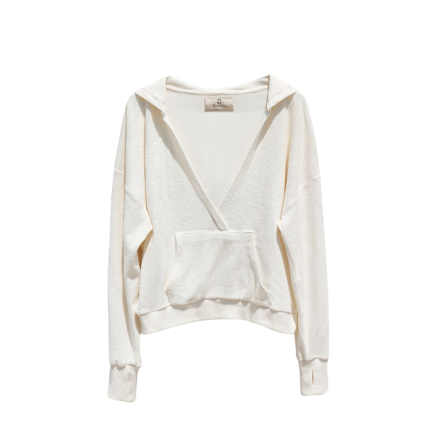 One Of Us Women's White / Neutrals Terry Looks Sweet V-neck Towelling Hoodie - Cloud In White