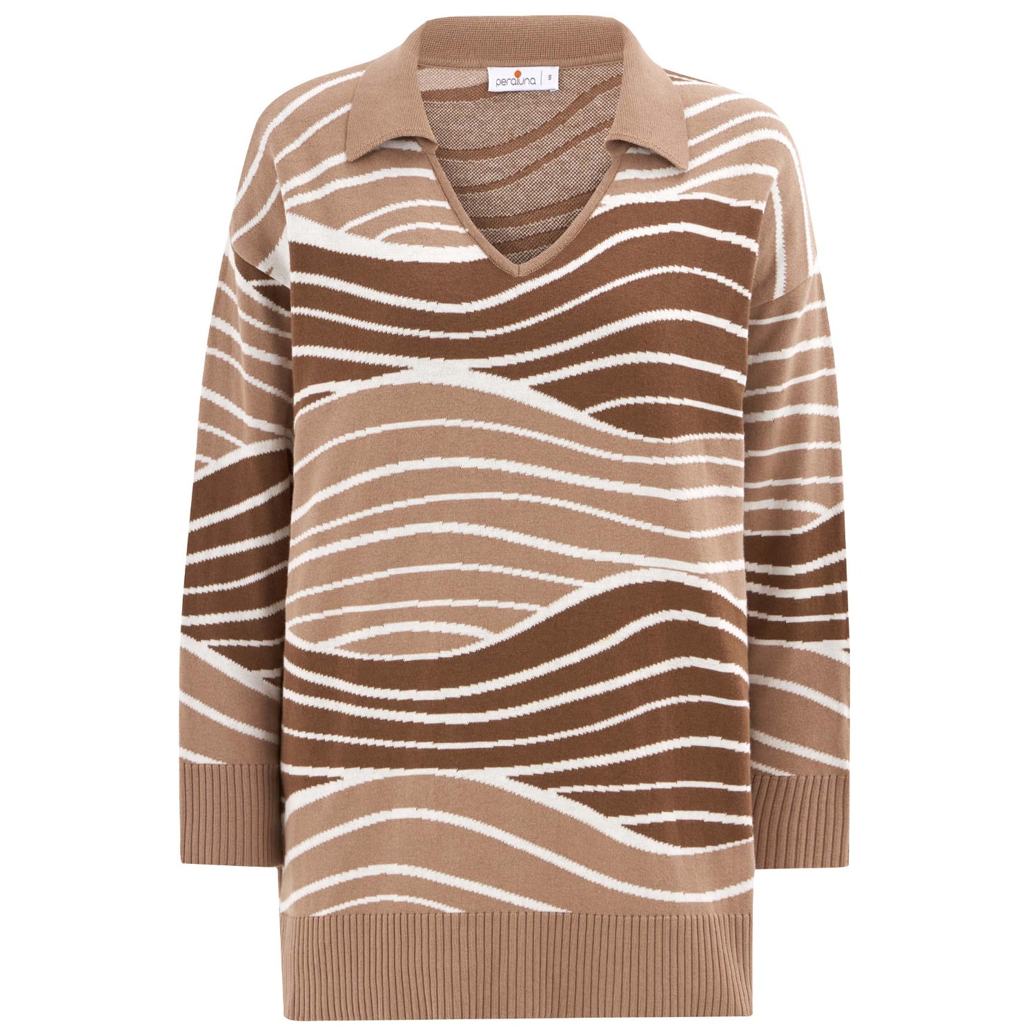 Women’s Polo V-Neck Wave Patterned Knitwear Pullover - Brown/Beige Extra Large Peraluna