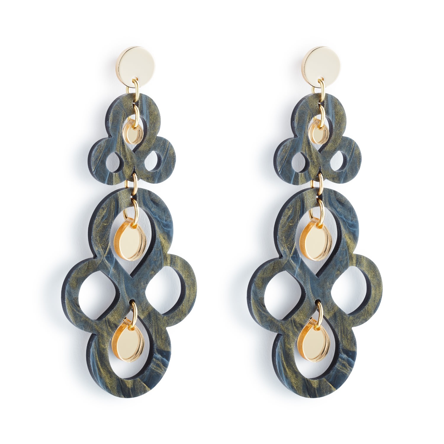 Toolally Women's Black / Gold Batik Earrings - Black Swirl & Gold Mirror