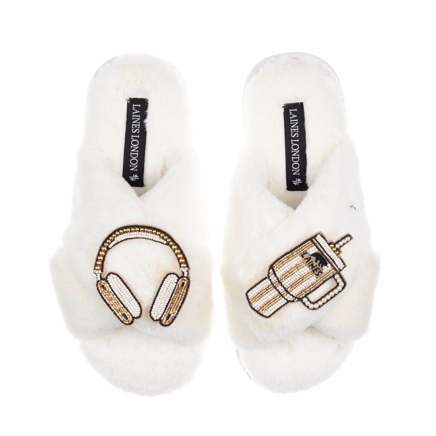 Laines London Women's Neutrals / White Classic Laines Slippers With Headphones & Quencher Brooches - Cream In White