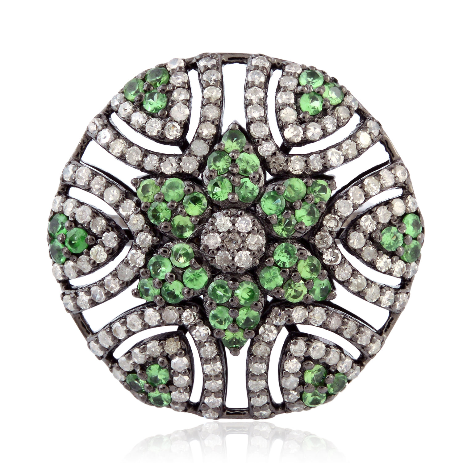 Women’s Green / White / Silver Studded Tsavorite Pave Diamond 925 Sterling Silver Designer Cocktail Ring Artisan