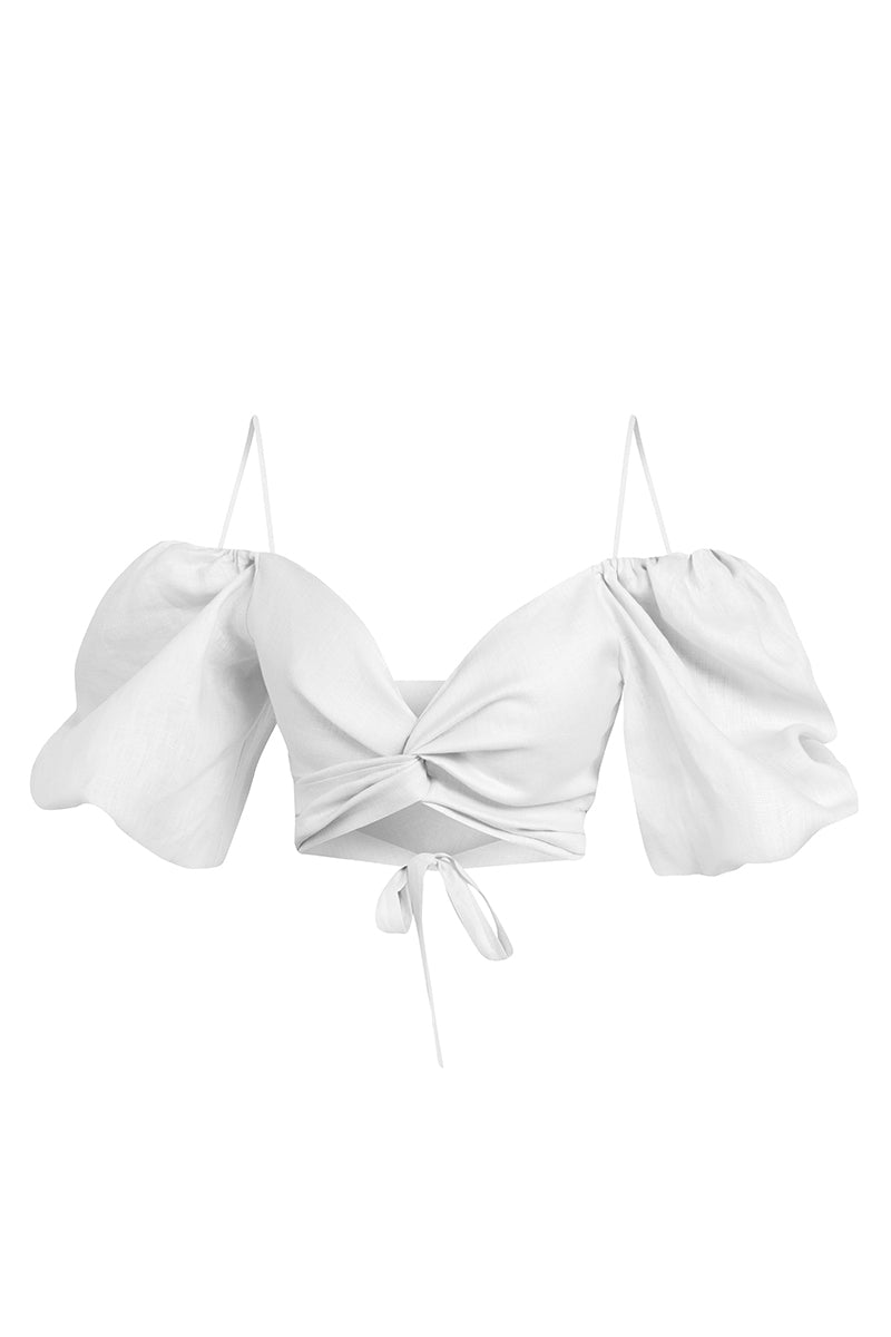 Cliche Reborn Women's Linen Wrap Front Tie Puff Sleeve Top In White