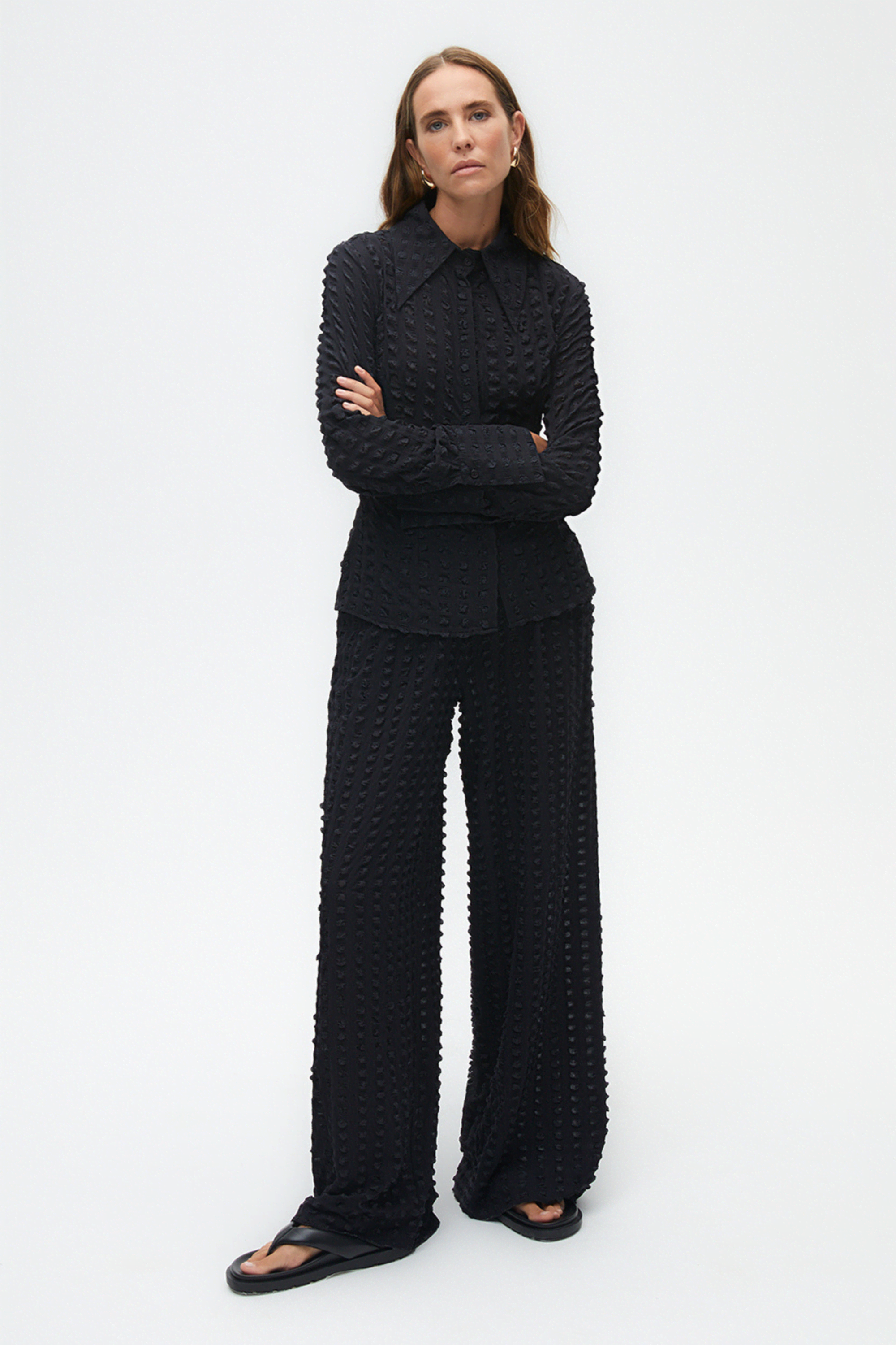 Textured Wide Leg Pants-Black by NOCTURNE