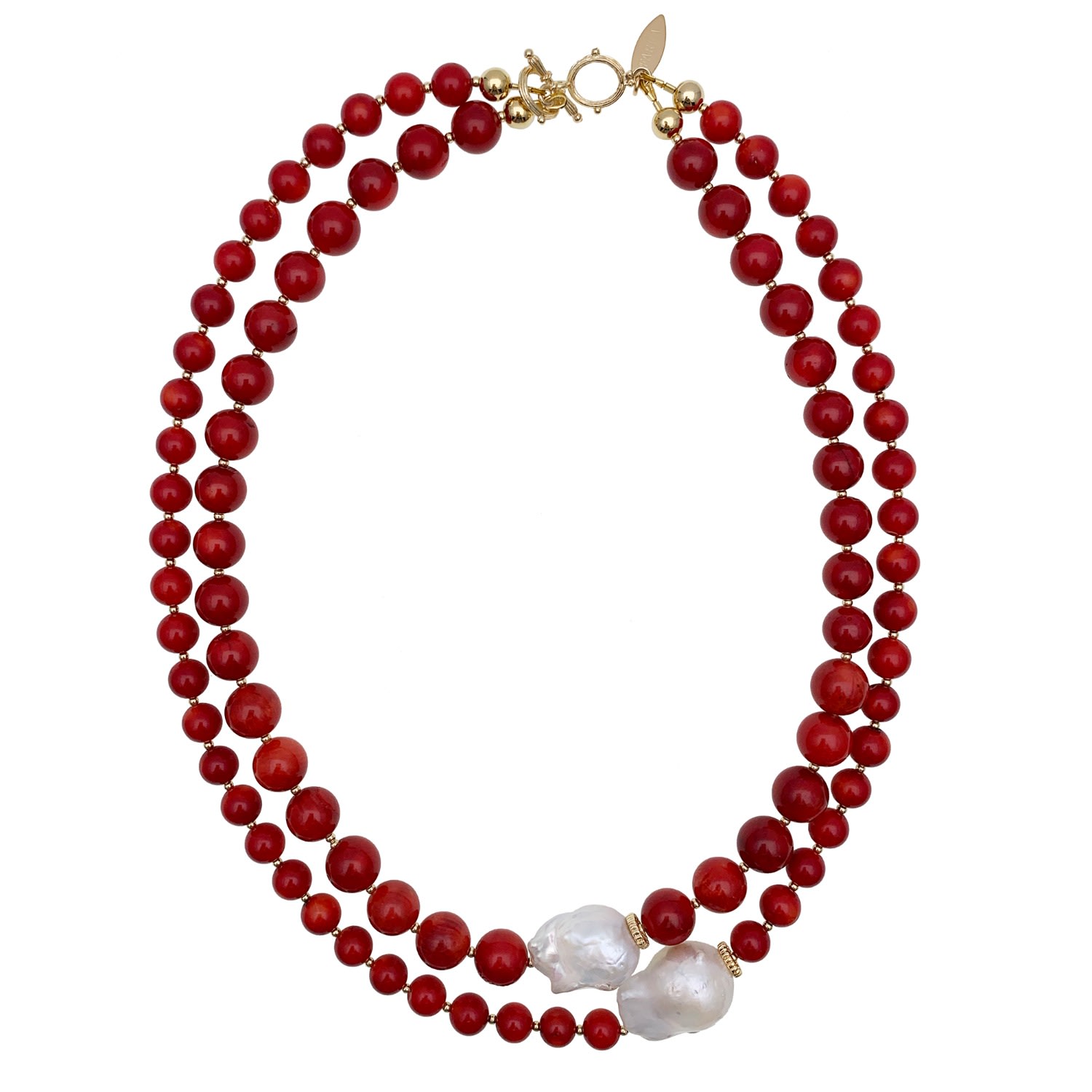 Farra Women's Red Coral With Baroque Pearls Double Strands Necklace