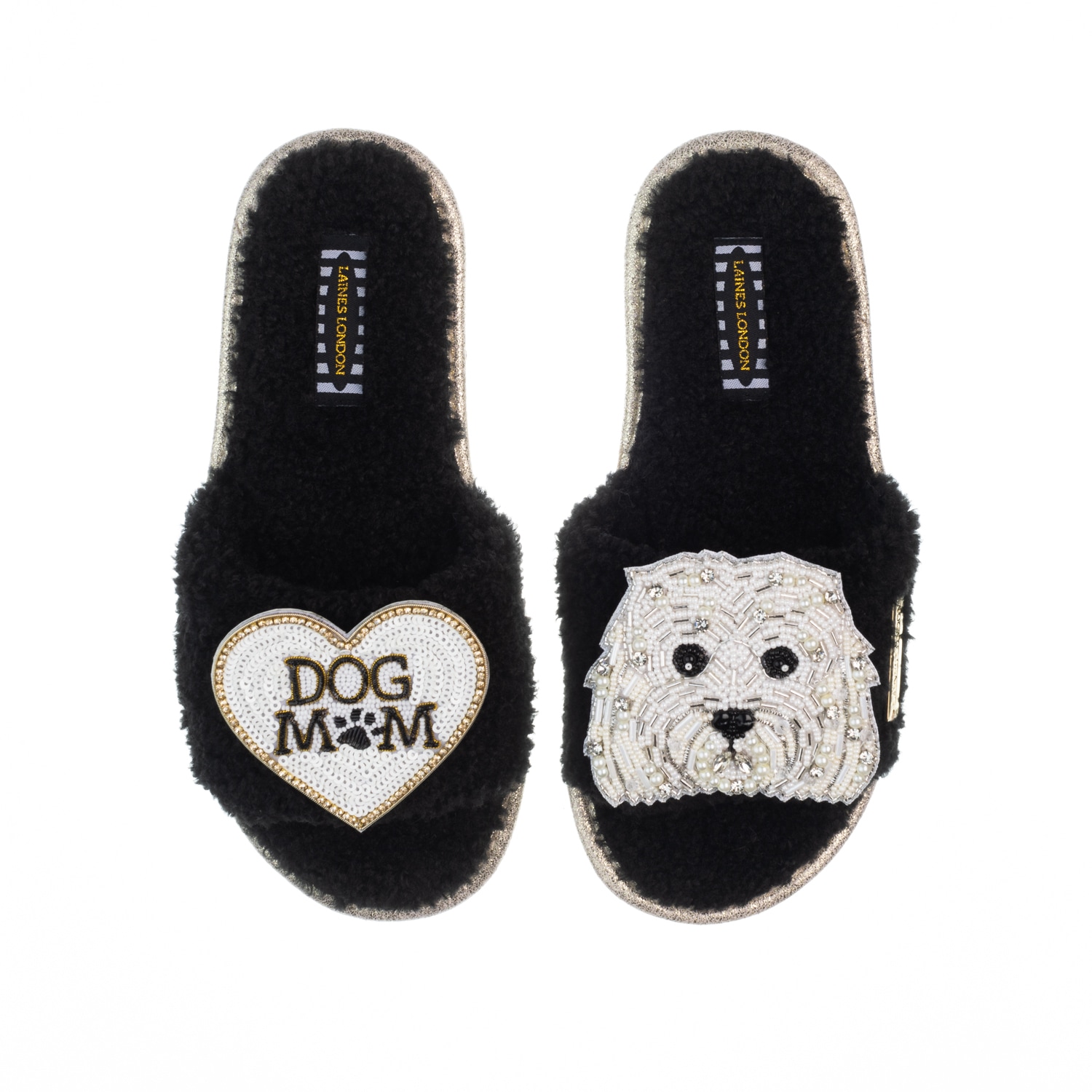 Women’s Teddy Toweling Slippers With Queenie & Dog Mum /Mom Brooches - Black Medium Laines London