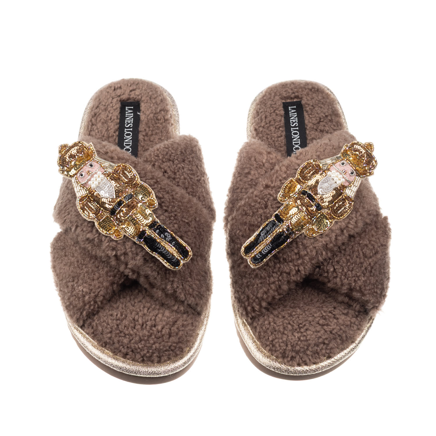 Laines London Women's Brown / Neutrals Laines Boucle Slippers With Double Gold Grand Nutcrackers Brooches - Mink In Brown