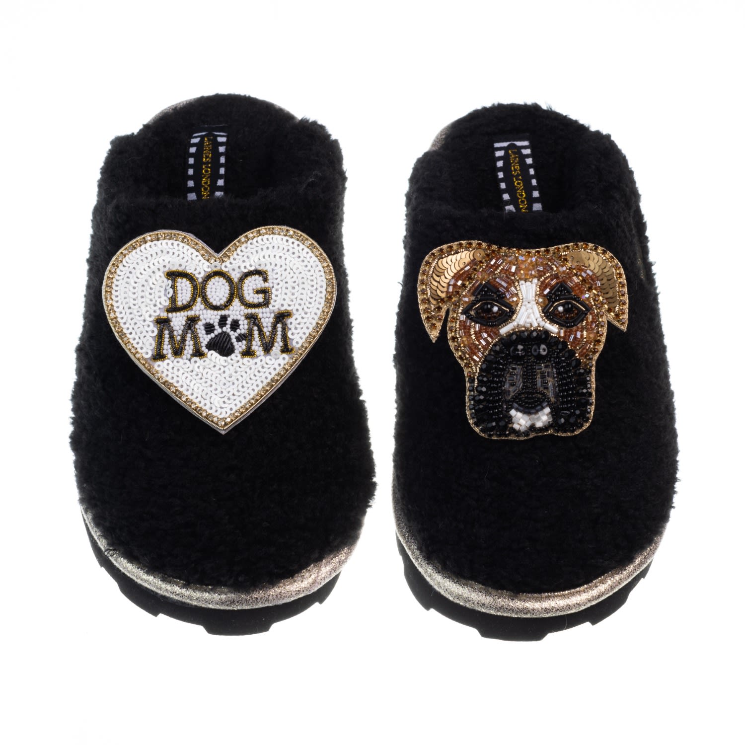 Women’s Teddy Closed Toe Slippers With Pip The Boxer & Dog Mum / Mom Brooches - Black Small Laines London