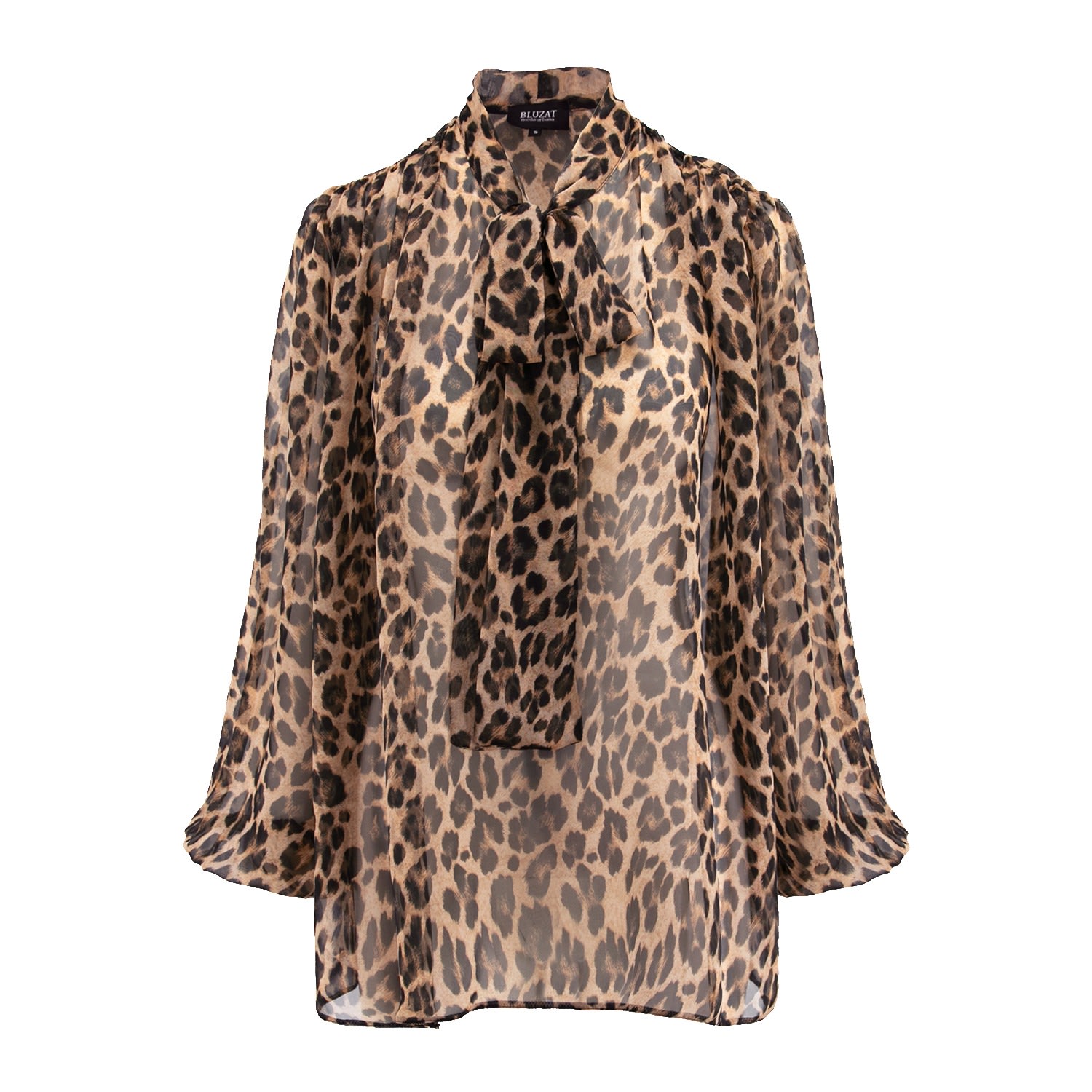 Bluzat Women's Brown Leopard Chiffon Blouse With Draped Shoulders & Bow Ribbon In Brown