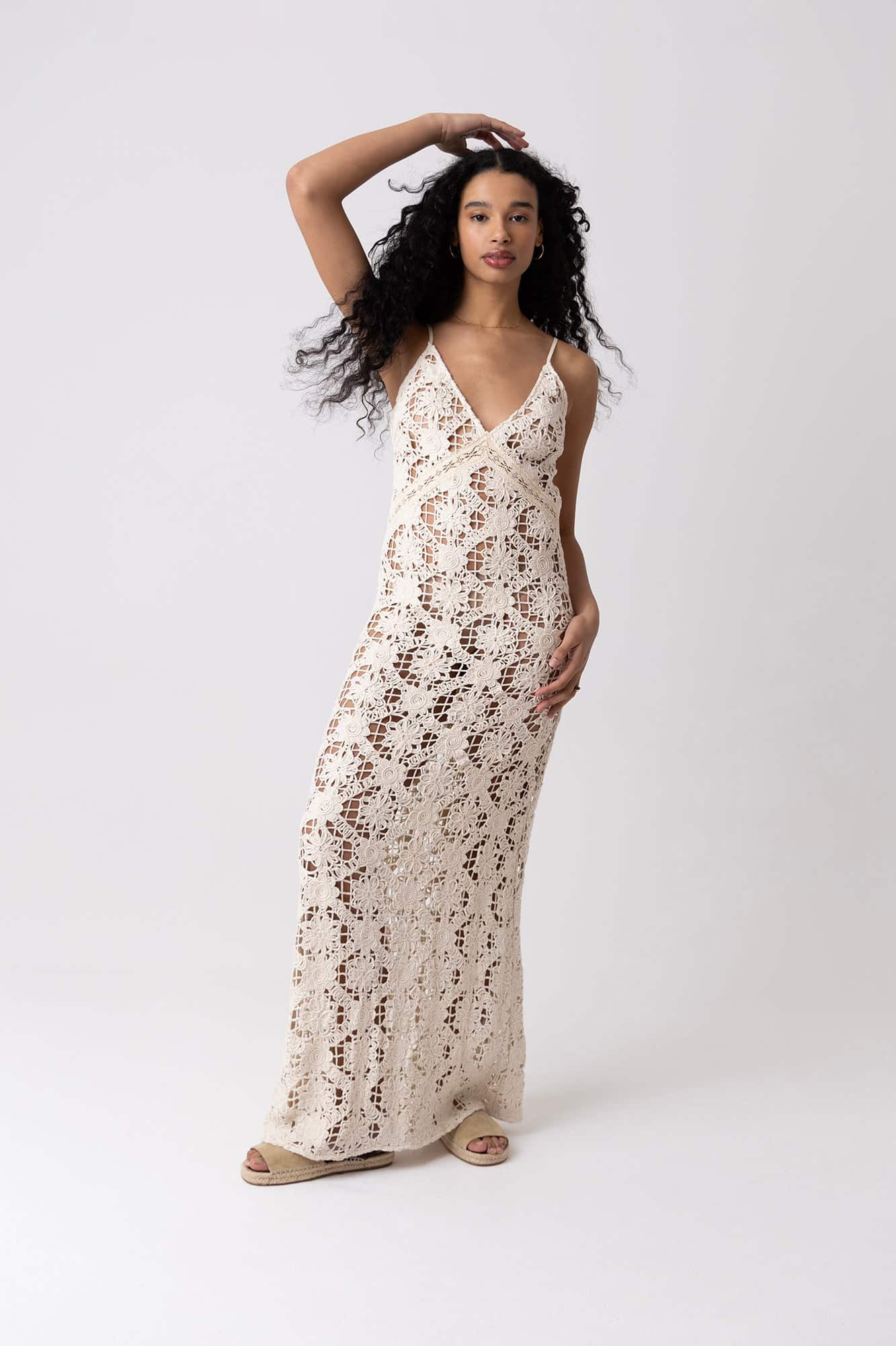 crochet maxi dress beige Cream Sleeveless Lace Up Sides Double Slit Maxi Dress